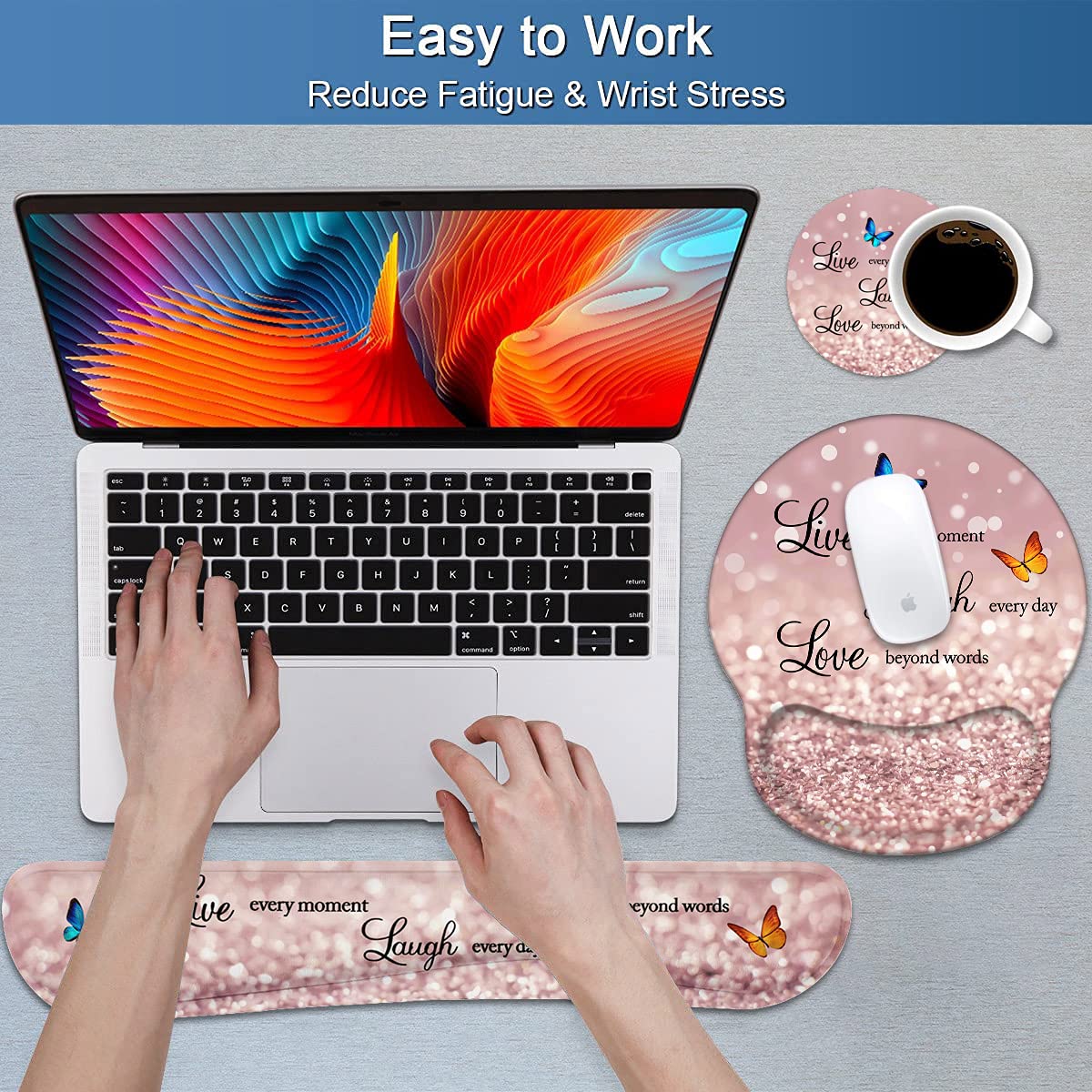 Keyboard Wrist Rest and Mouse Pad Wrist Support Set with Coasters, Non-Slip PU Base Ergonomic