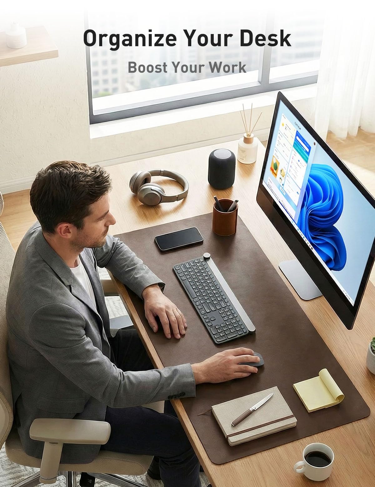 Aothia Faux Leather Desk Mat - Large Mouse Pad, Non-Slip PU Leather Blotter, Waterproof Writing