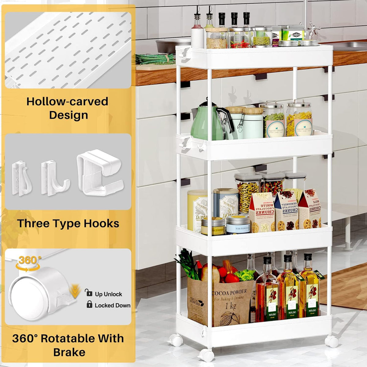 SPACEKEEPER 4 Tier Rolling Cart, Bathroom Cart Organizer with Wheels, White