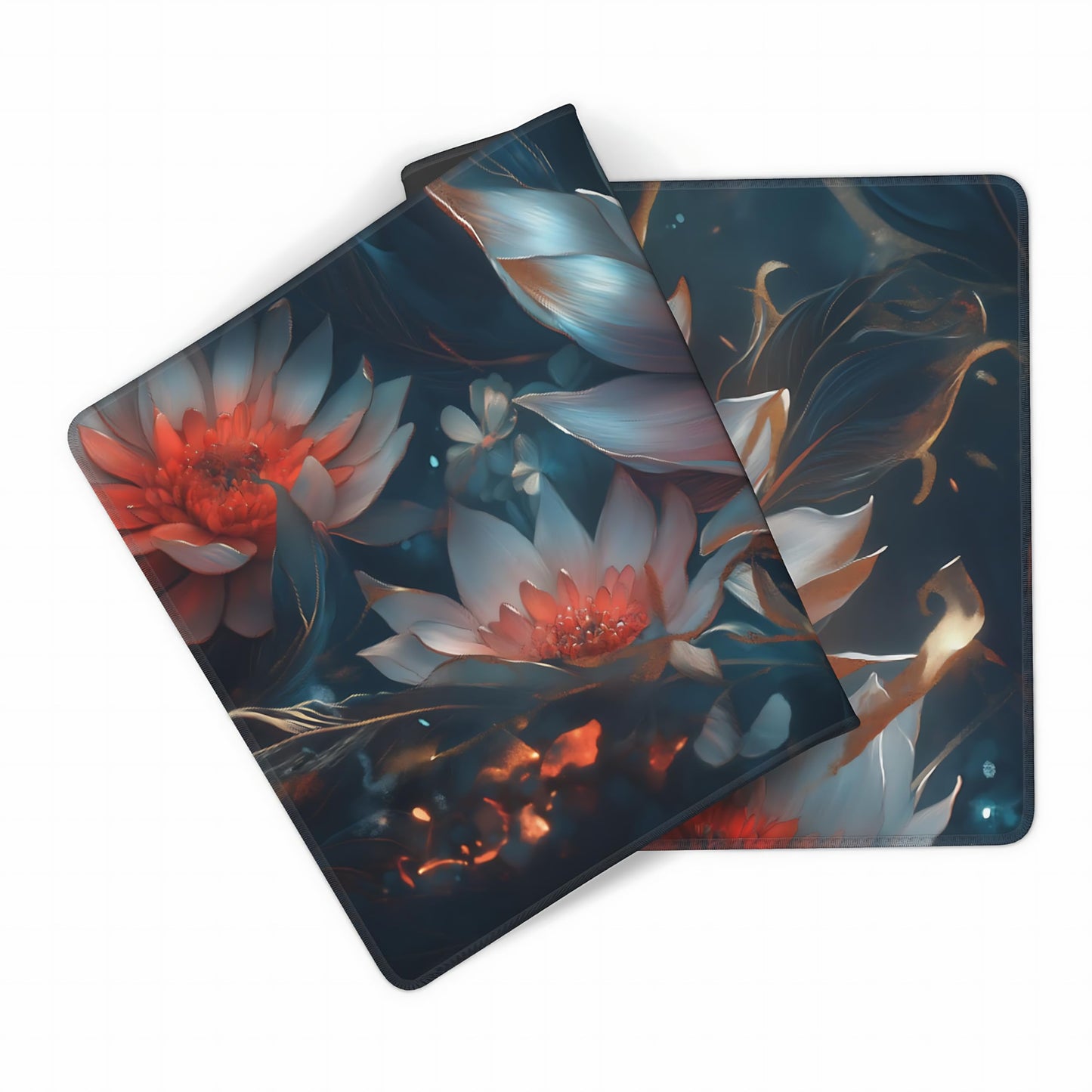 Floral Aesthetic Lotus Gaming Mouse Pad, Ink Blue Red Cyber Desk Mat with Anti-Slip Base & Stitched