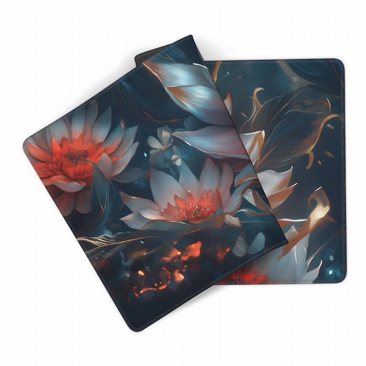 Floral Aesthetic Lotus Gaming Mouse Pad, Ink Blue Red Cyber Desk Mat with Anti-Slip Base & Stitched