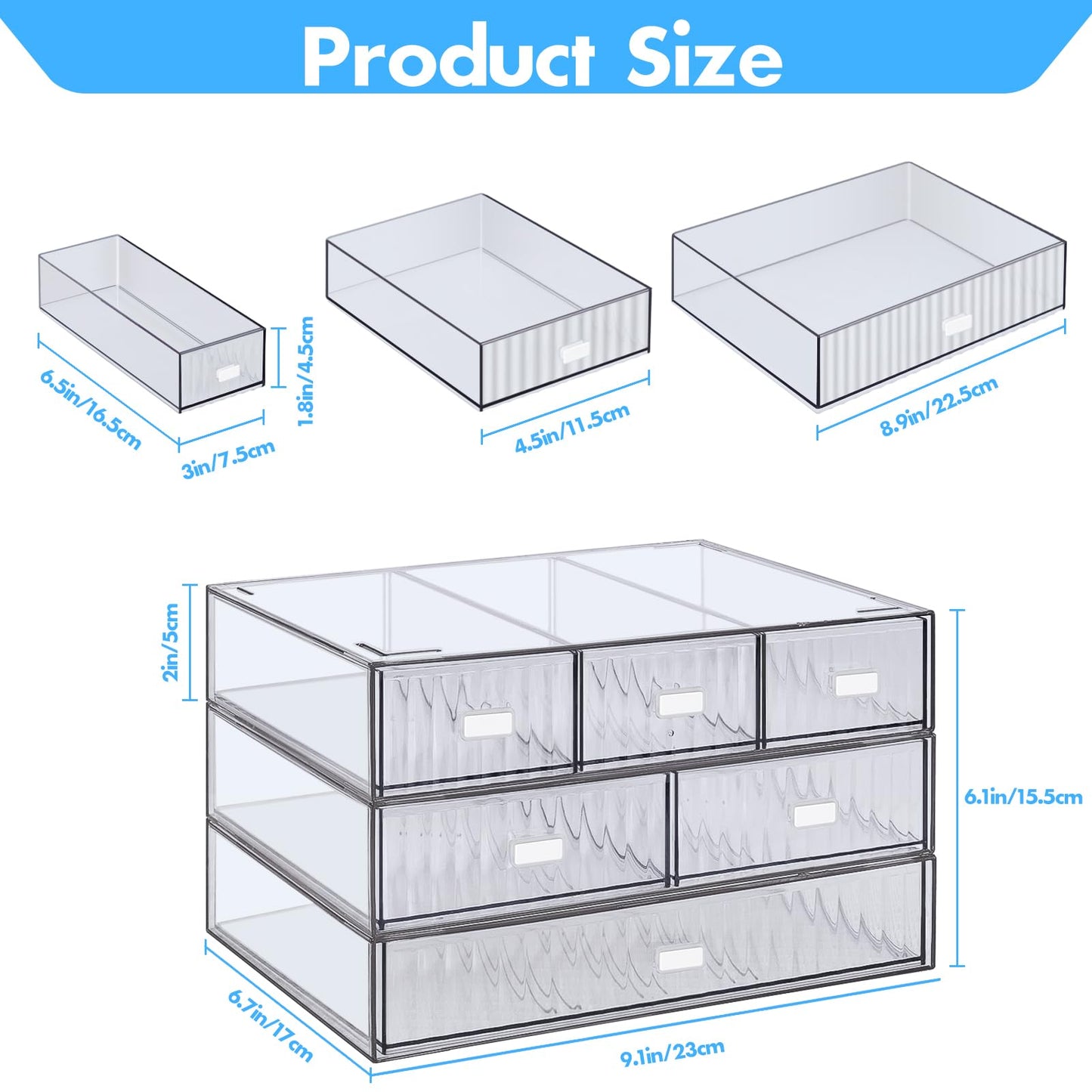 3 Tier Stackable Desk Organizer with 6 Drawers, YOCOMEY Plastic Desktop Storage Box Drawers