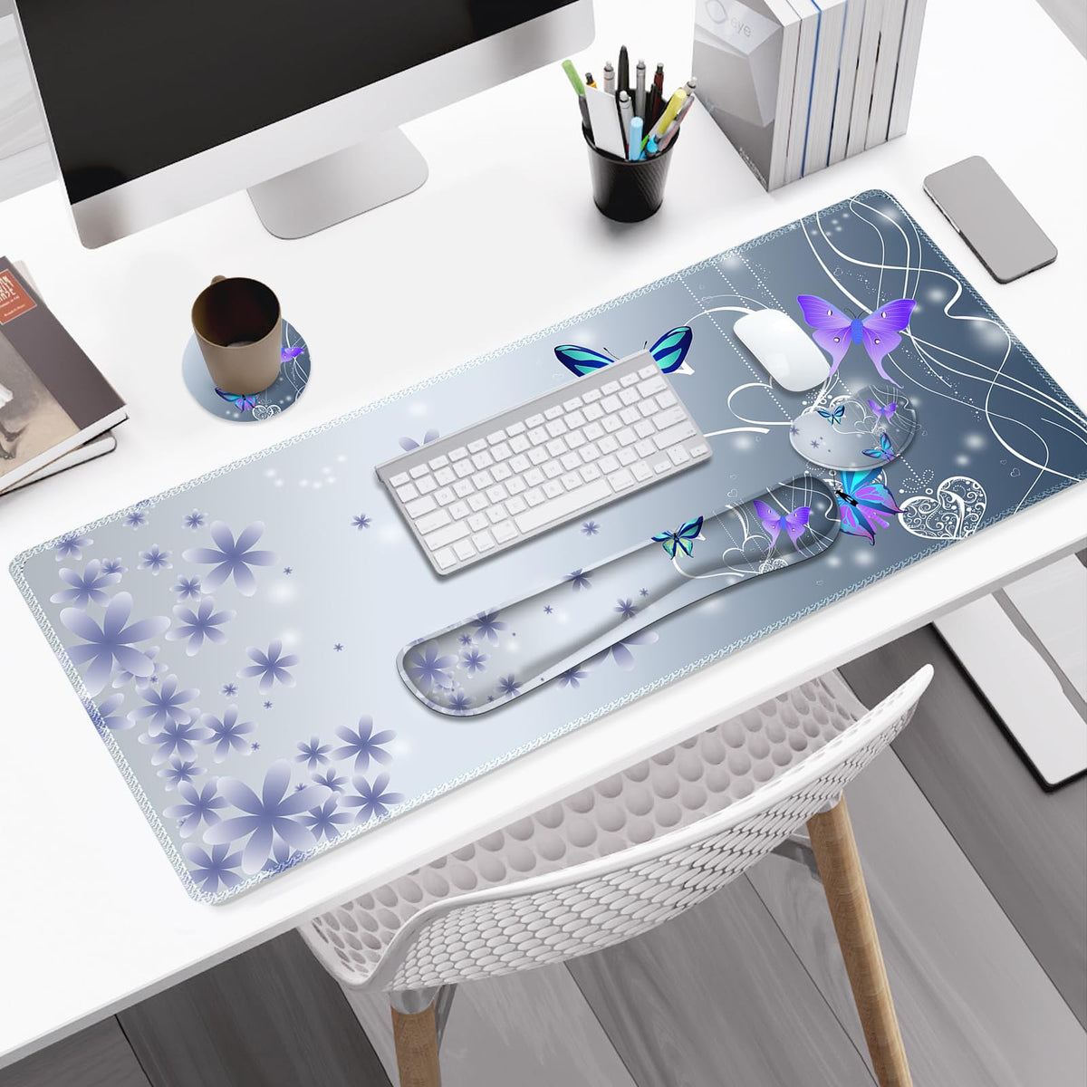 Cute Butterfly Desk Mat, Florals 4 in1 Large Gaming Mouse Pad Set, Ergonomics Keyboard Pad with