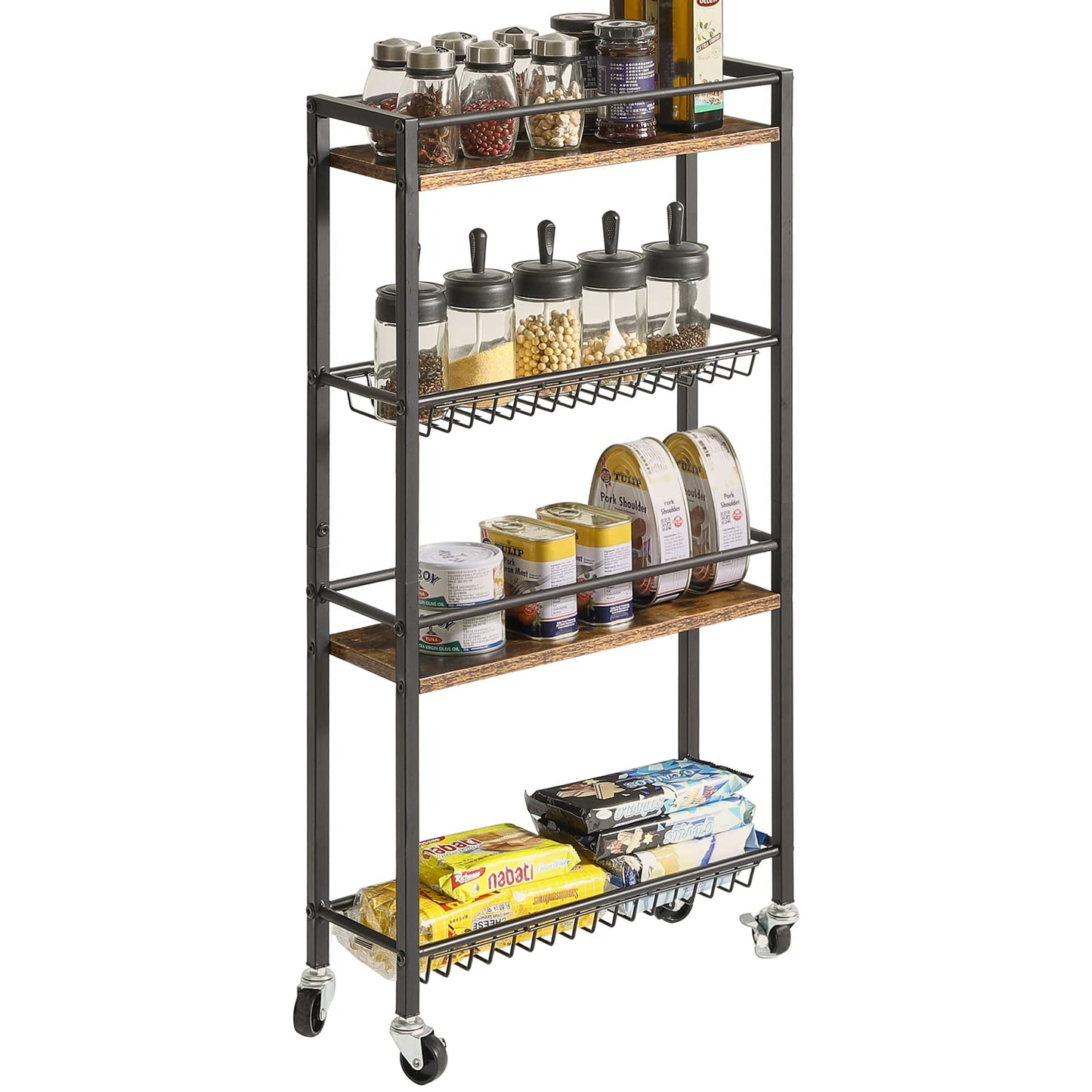 YMYNY Kitchen Storage Rolling Cart 4 Tier on Wheels Rustic Brown HBR002H