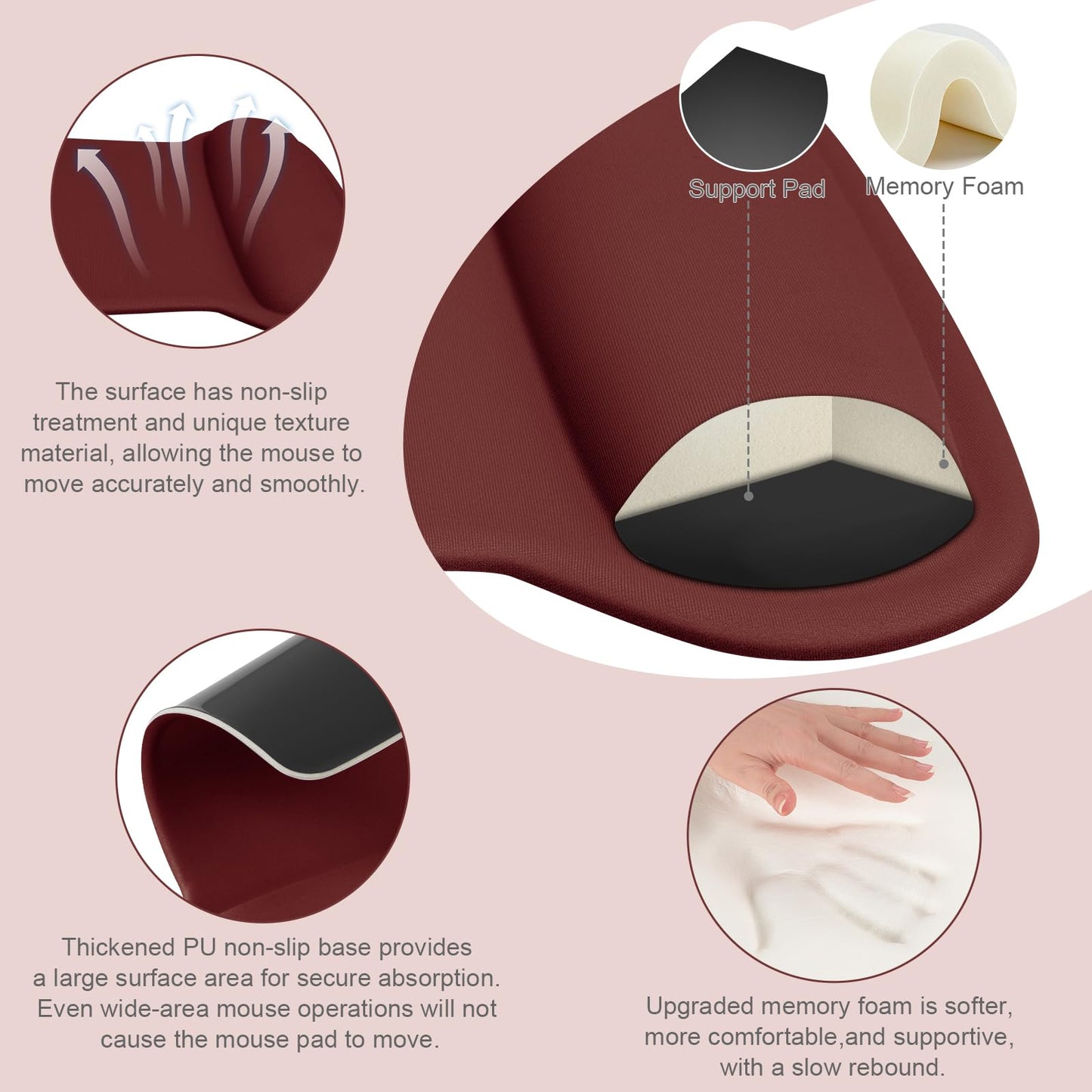 MOSISO Wrist Rest Support for Mouse Pad & Keyboard Set, Wine Red