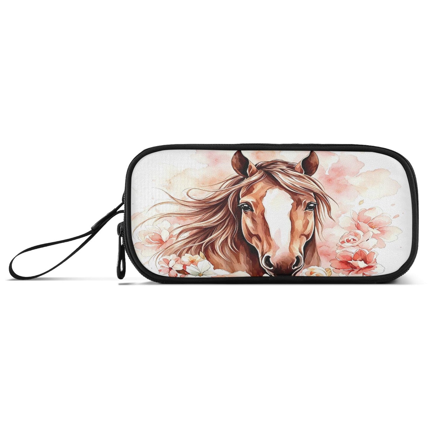 BOENLE Brown Horse Watercolor Flower Pencil Case Box Boys Girls Large Pencil Pouch Zipper