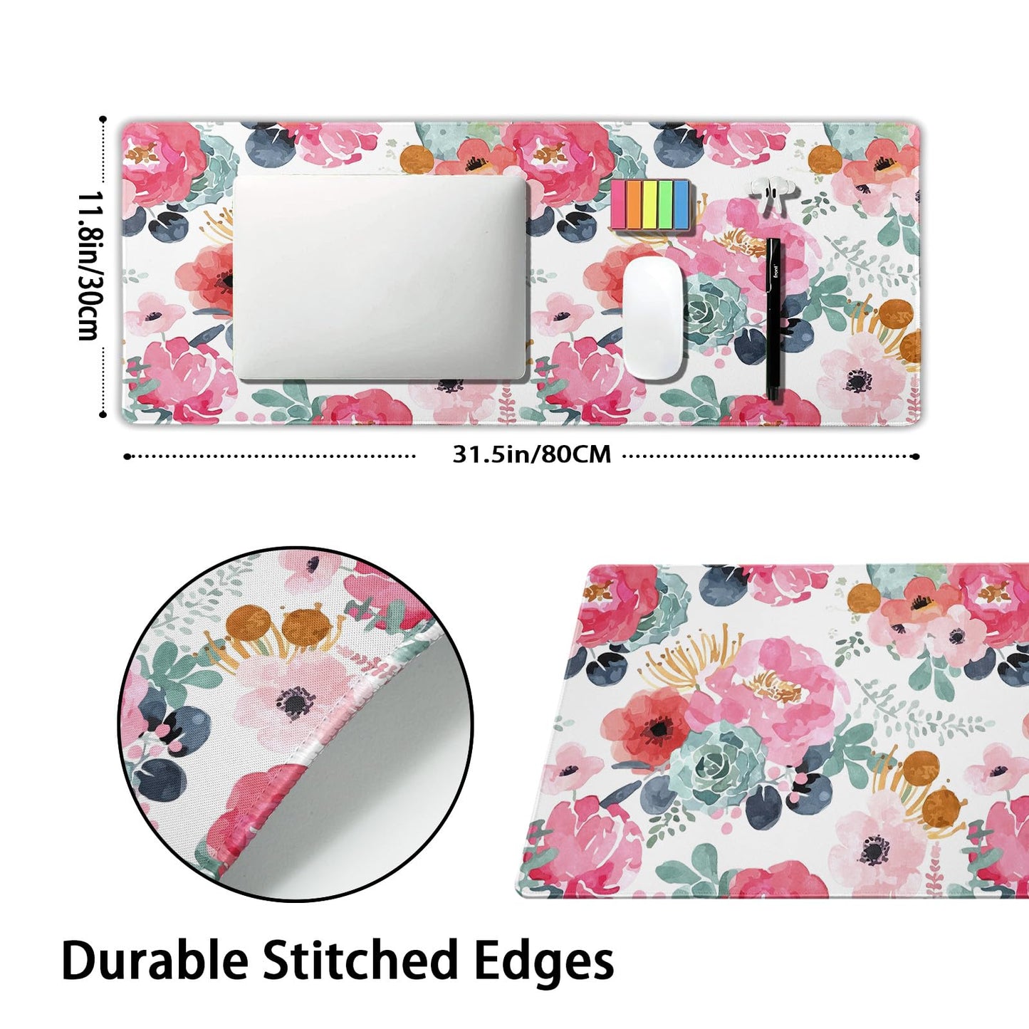 Pink Green Flowers Gaming Mouse Pad XL Cute Watercolor Floral Pretty Extended Desk Pad Trendy