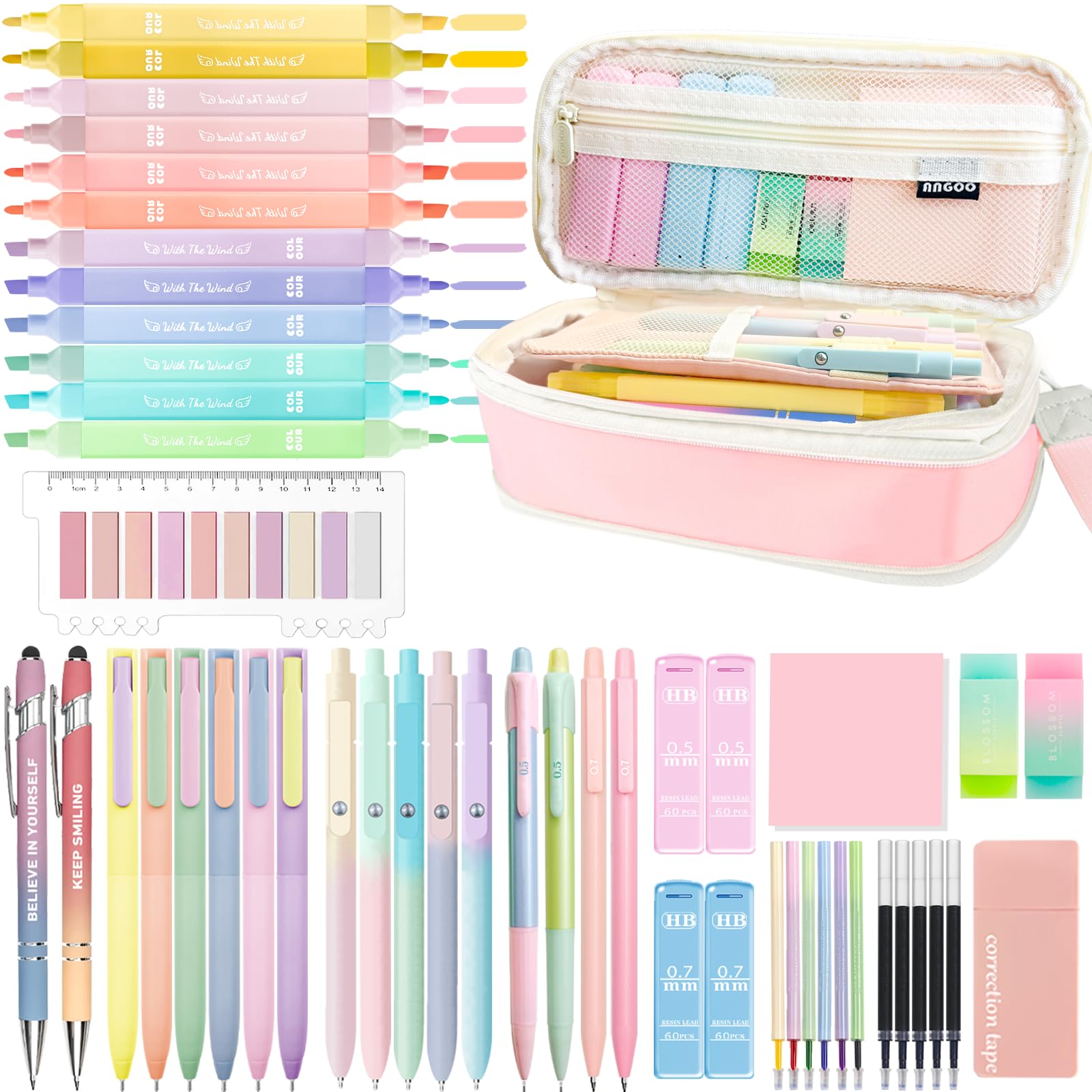 JIZHIYUAN 53PC Aesthetic School Supplies with Pink Pencil Case for Students