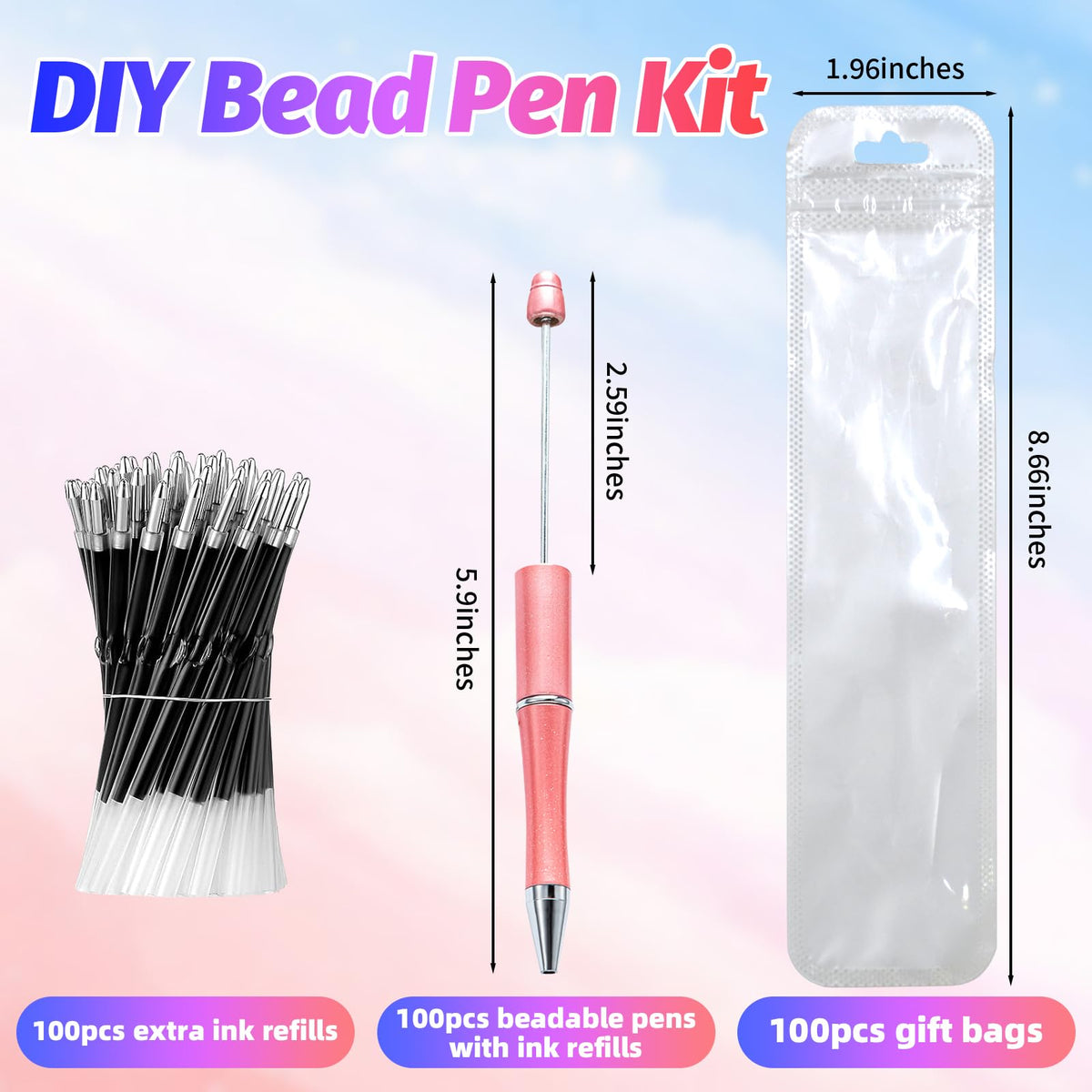 DASTTUIS 300 Pieces DIY Beadable Pen Kit – 100 Plastic Ballpoint Pens with Refills & Bags – School