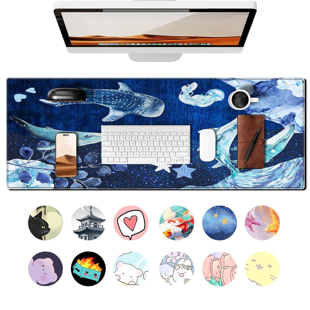 Whale Mouse Pad Large Desk Mat, 31.5x11.8 Inch Mousepad Extended Non-Slip Rubber Base Keyboard Mat
