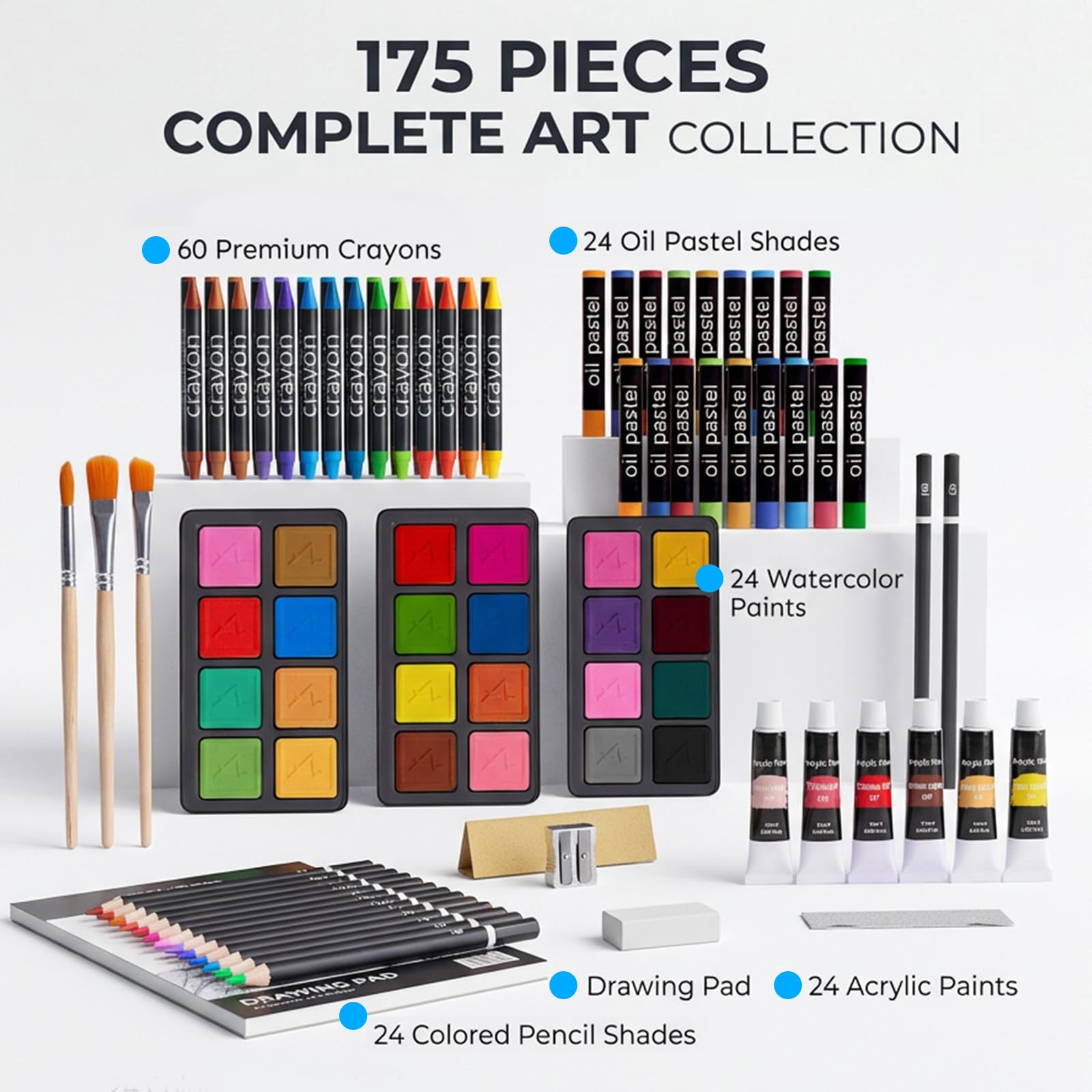 175-Pack Deluxe Wooden Art Set Drawing Painting Kit with 2 Drawing Pads, Acrylic Paints, Colored