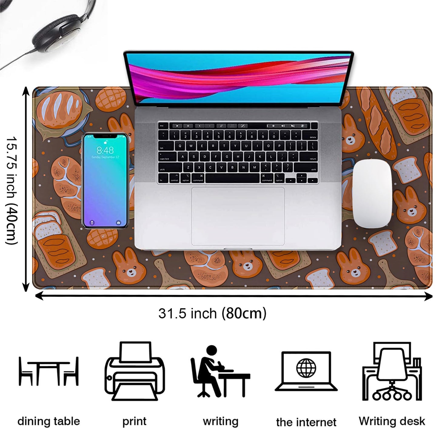 Kawaii Desk Mat Cute Mouse Pad Large Gaming Desk Pad, Bunny Bread Keyboard Mat Extended, Full