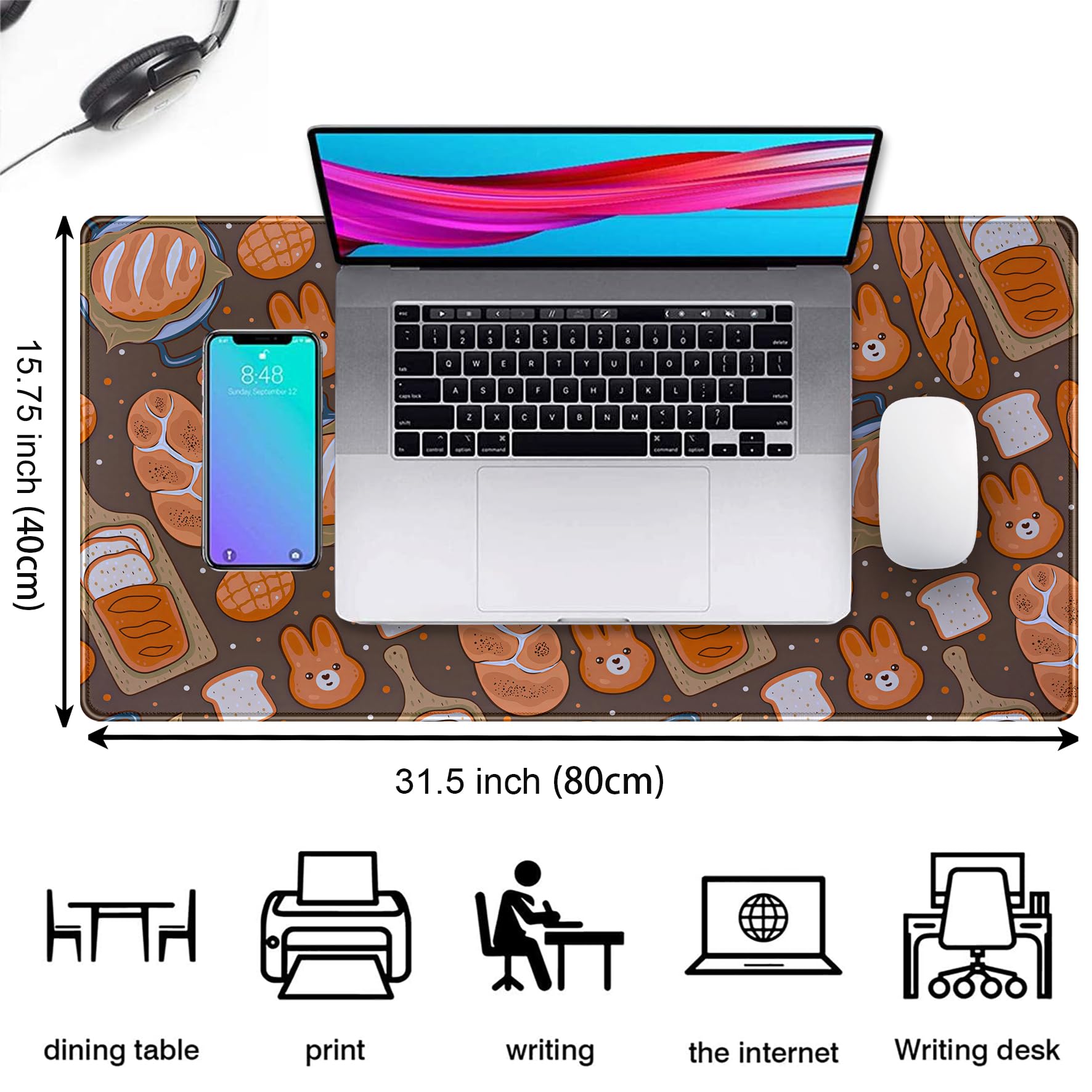Kawaii Desk Mat Cute Mouse Pad Large Gaming Desk Pad, Bunny Bread Keyboard Mat Extended, Full