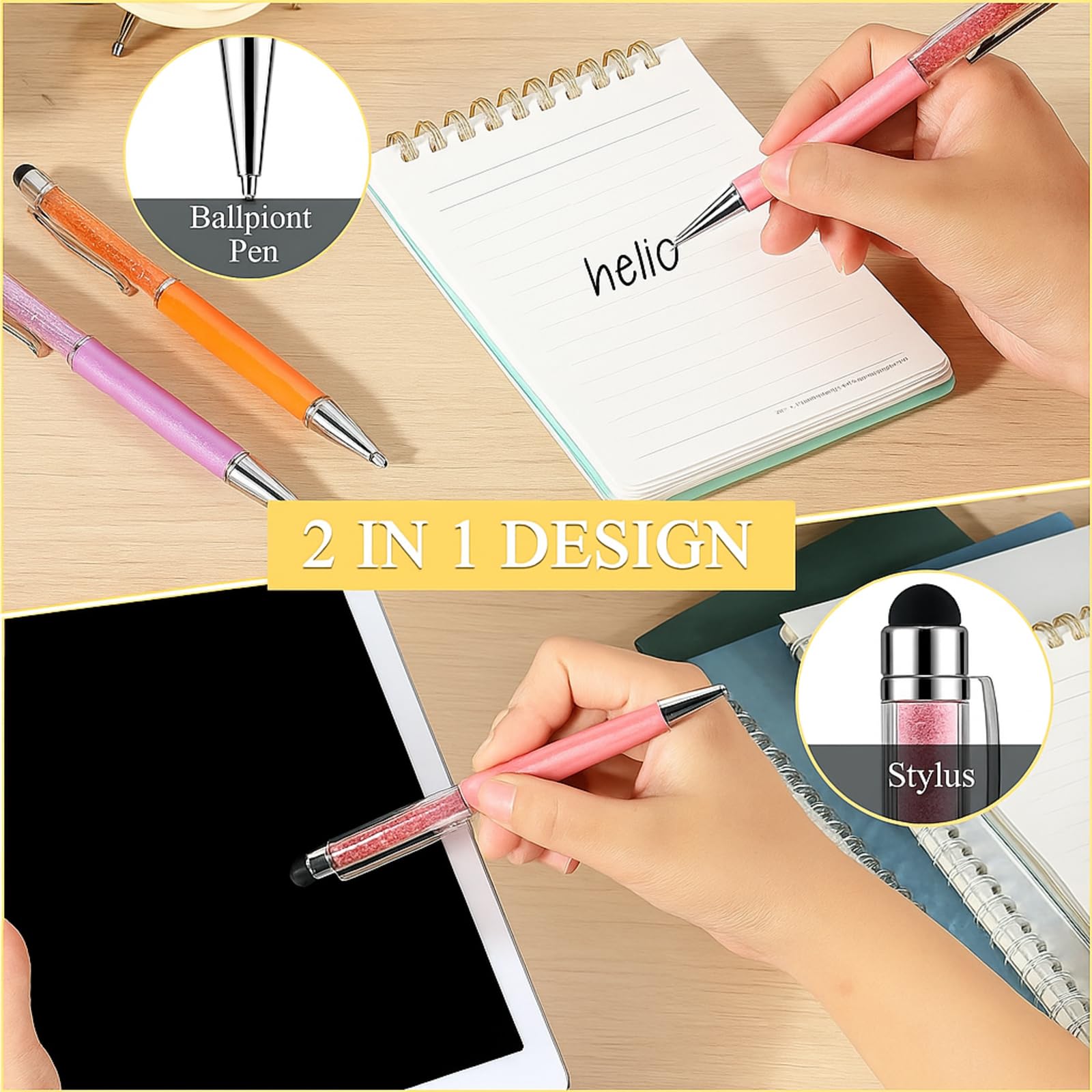 HESTYA 26 Pcs Crystal Stylus Ballpoint Pens 2-in-1 for Women, Cold Colors