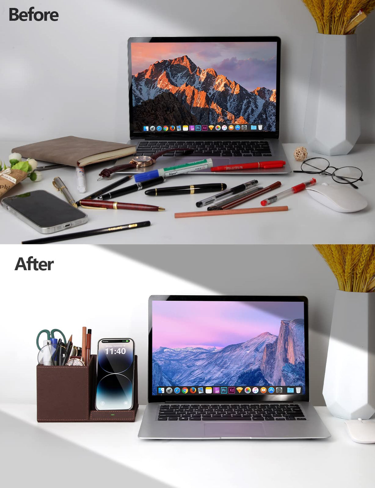 Desk Supplies Organizer, Multi-Functional Pencil Pen Holder with Wireless Charger, Desktop
