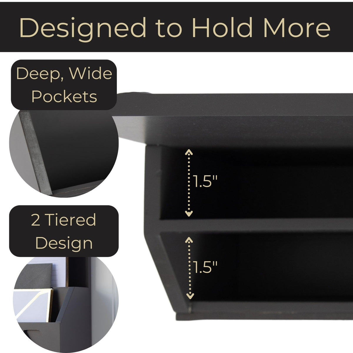 BLU MONACO | Wall-Mounted Mail and Key Holder in Grey Wood | Two-Tier Mail Organizer with Gold