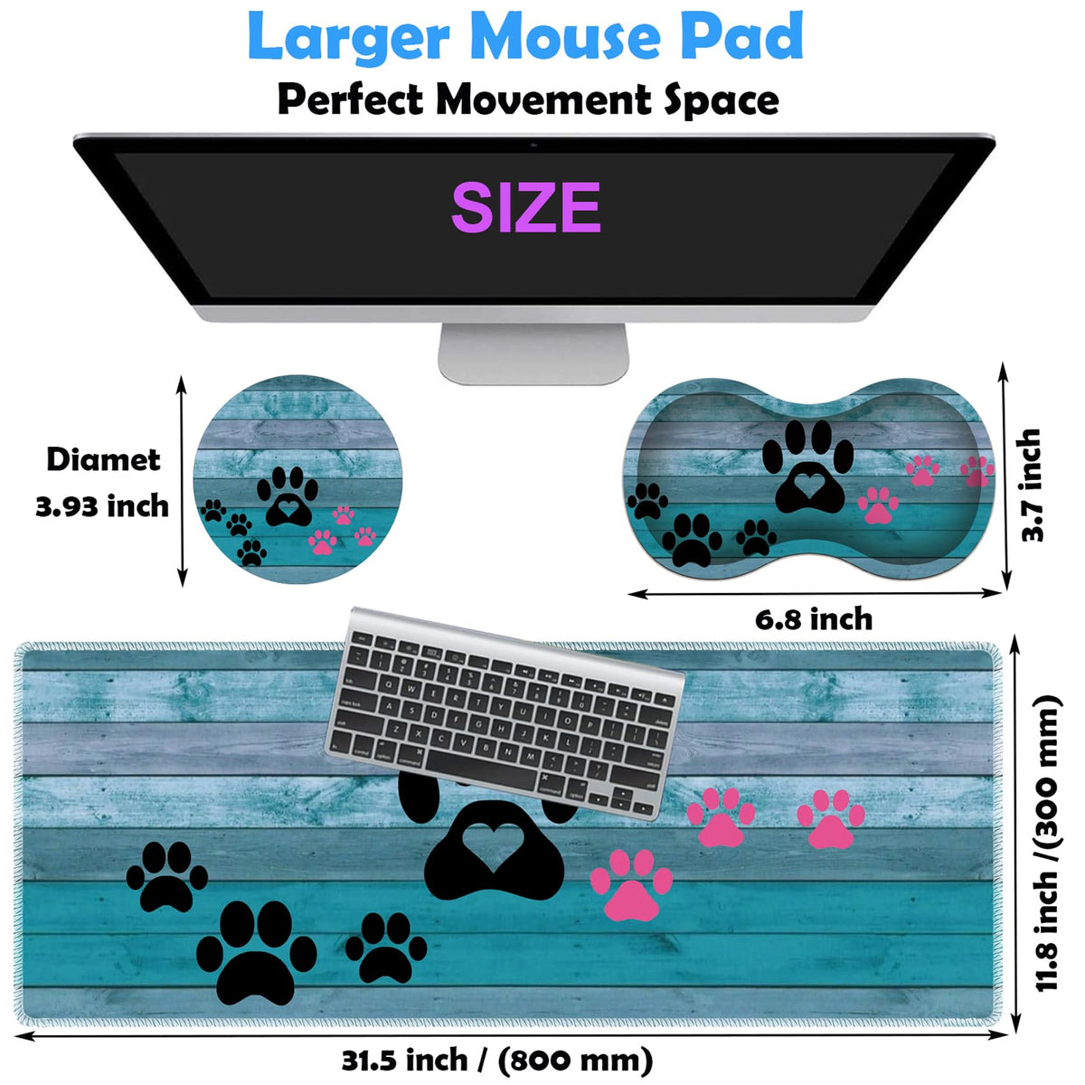 3 Piece Mouse Pad Set with Stitched Edge Large Anti-Slip Mouse Pad Desk Pad Keyboard Pad + Wrist