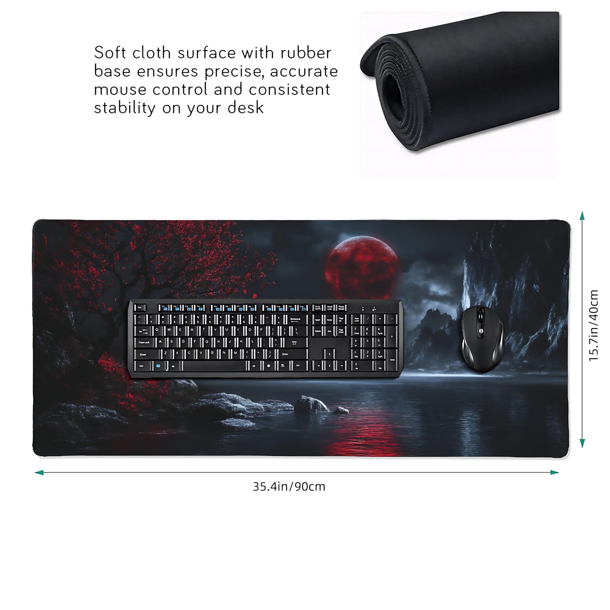 Aesthetic Scenery Gaming Mouse Pad, Black Red Japanese Desk Mat with Anti-Slip Base & Stitched