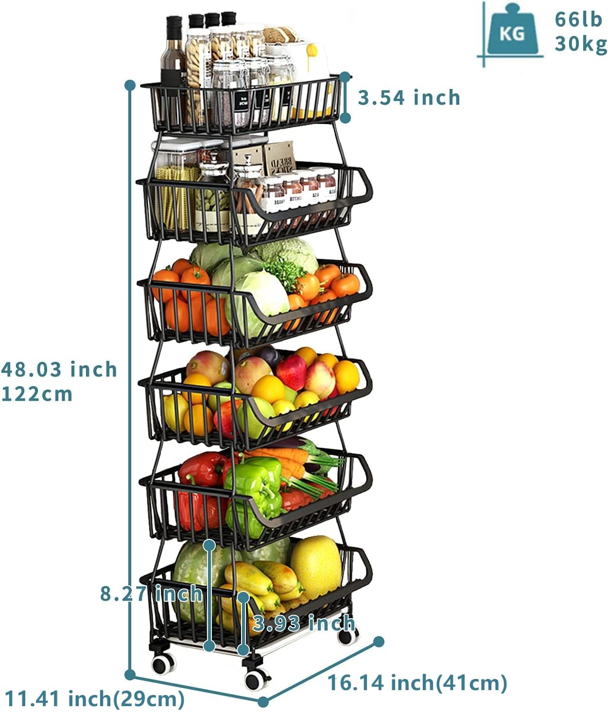 KOLENSA Metal Wire Baskets with Wheels, Stackable Storage Bins Kitchen Organizer Shelf 3-4-5-6 Tier