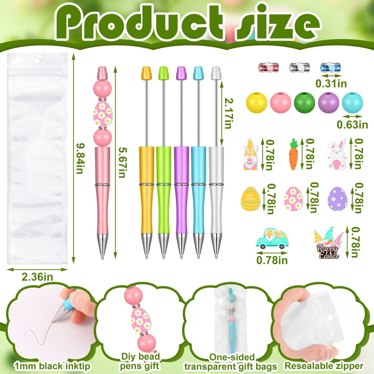 Zhanmai 197 Pcs Easter DIY Beadable Pens Kit 24 Plastic Ballpoint Pen with 101 Assorted Colors