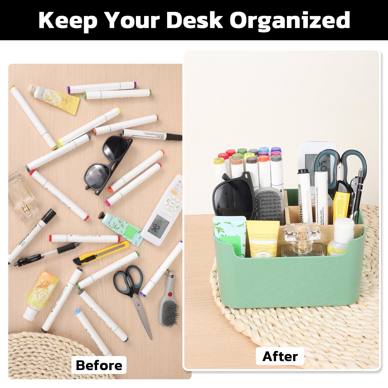 Segarty Green Remote Control Holder, Detachable Divided Bamboo Desk Organizer Caddy, Desktop