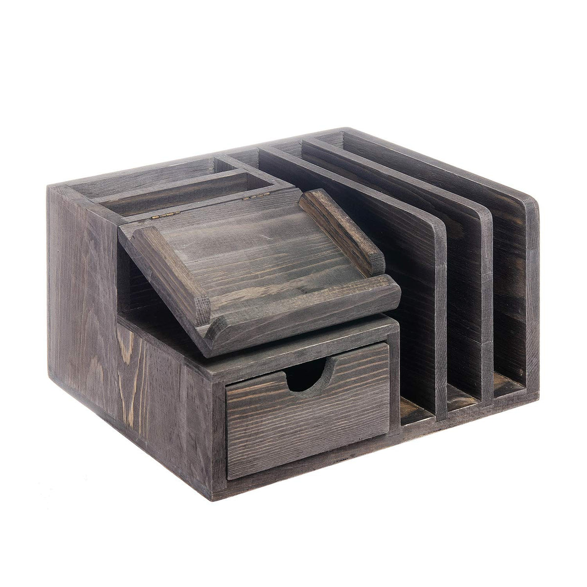 Liry Products Gray Rustic Wood Desk Organizer Storage Cabinet Mail File Paper Sticky Note Memo Pad