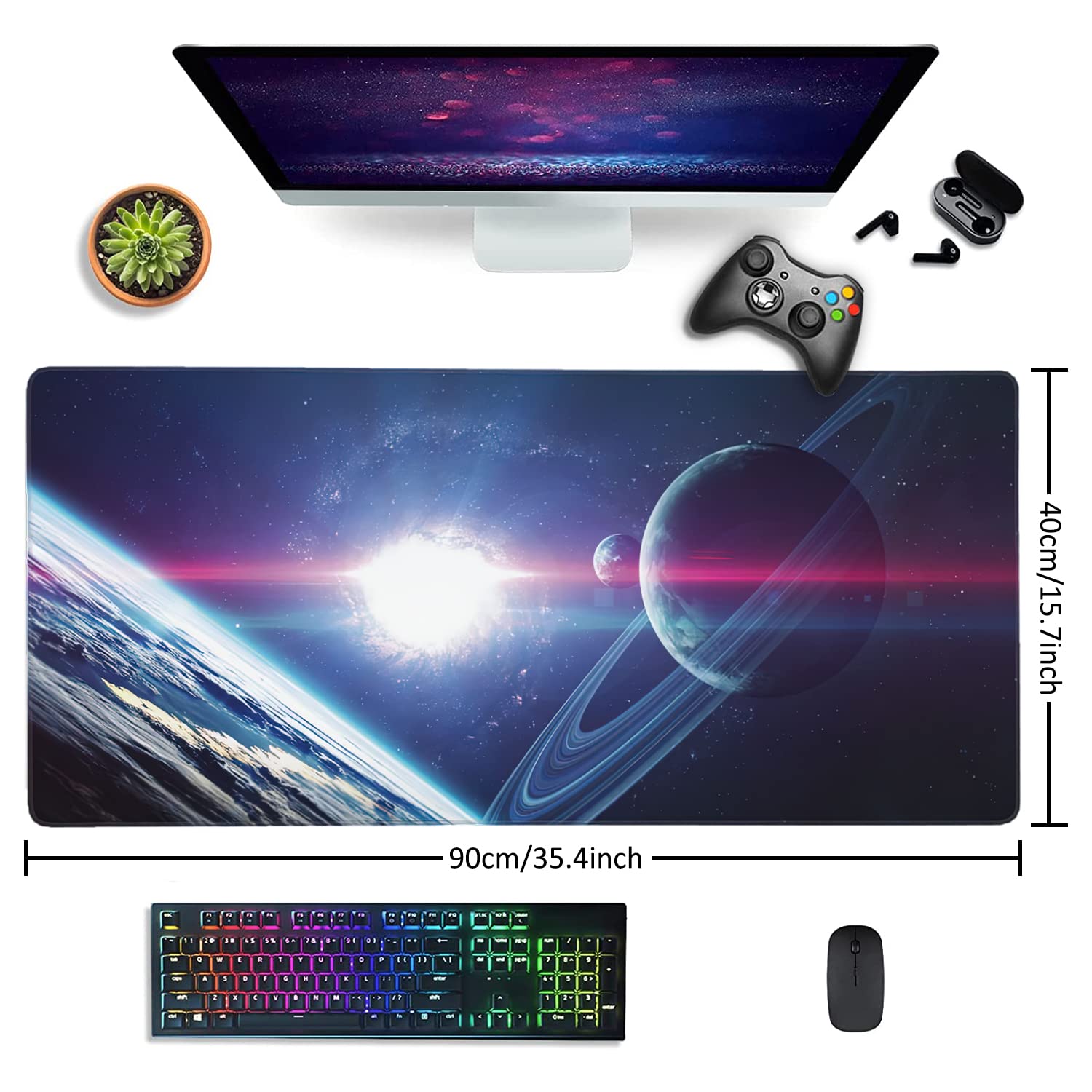 Planets and Nebula in Space Extended Gaming Mouse Pad Large Desk Mat with Non-Slip Rubber Base and