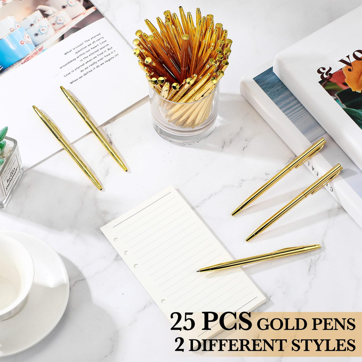 Fuutreo 25 Pack Gold Pens Bulk Metal Slim Ballpoint Retractable Black Ink