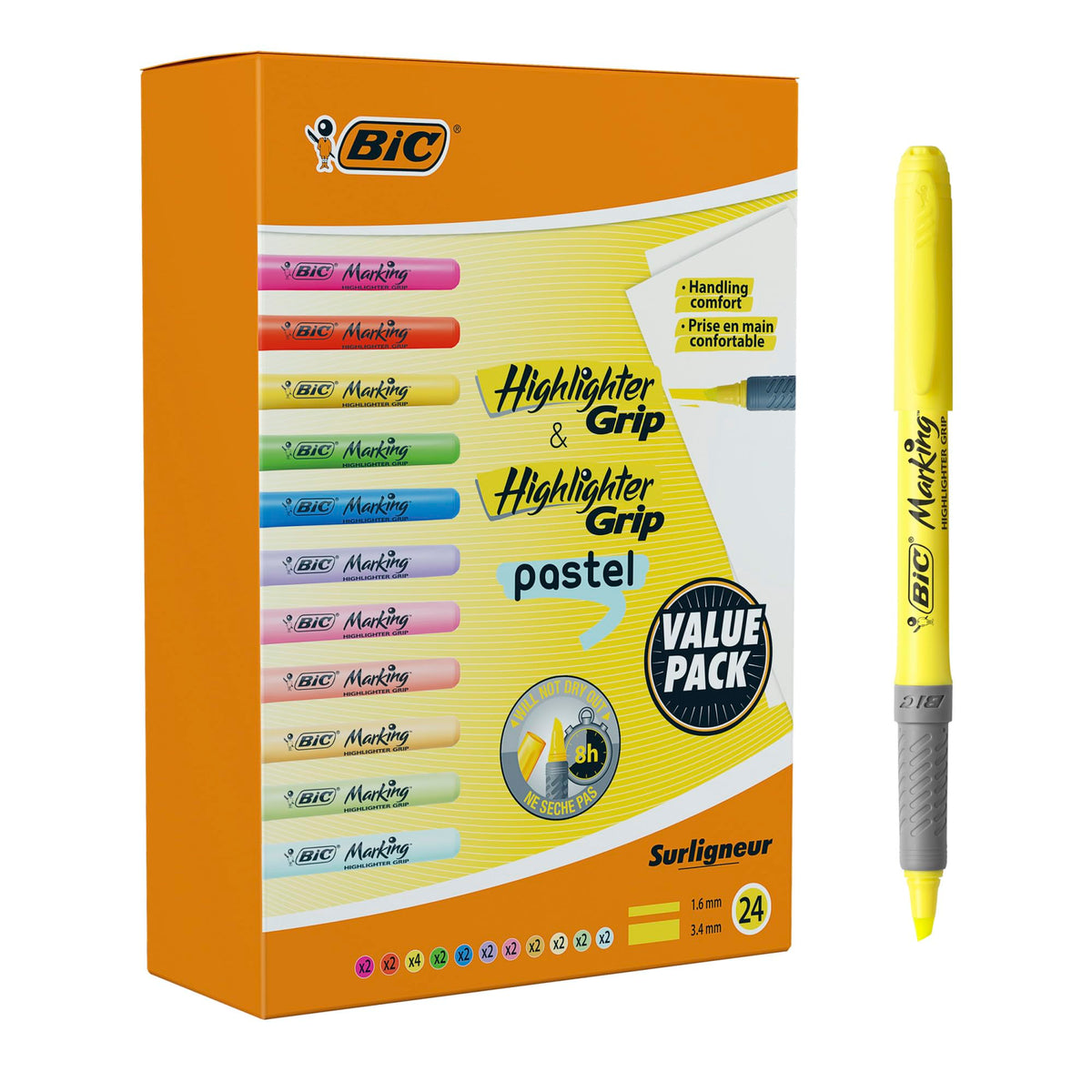 BIC Highlighter Grip & Highlighter Grip Pastel Pack of 24