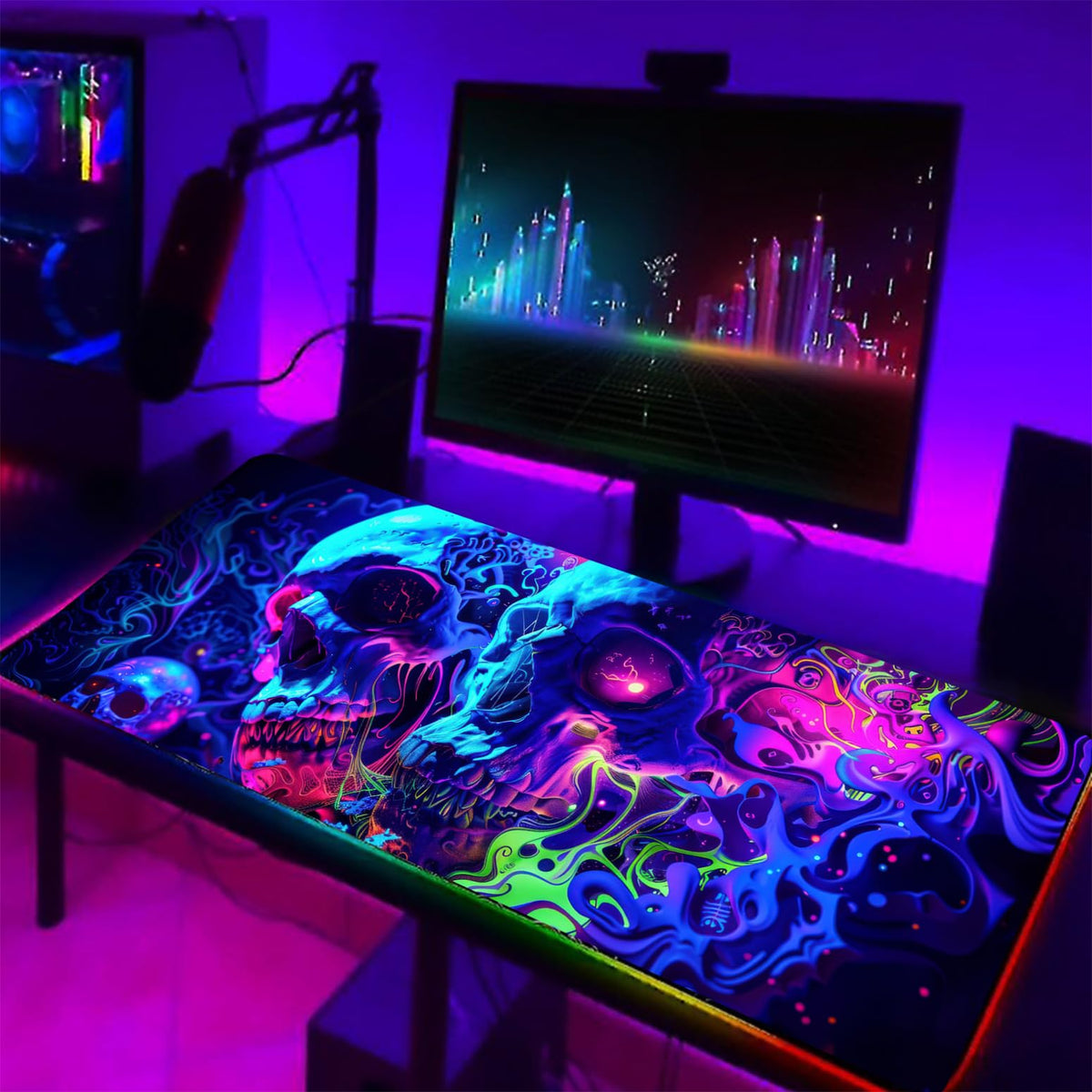 Simpkeely Horror Skull Mouse Pad, Large Waterproof Blacklight Colorful Skeleton Neon Gaming