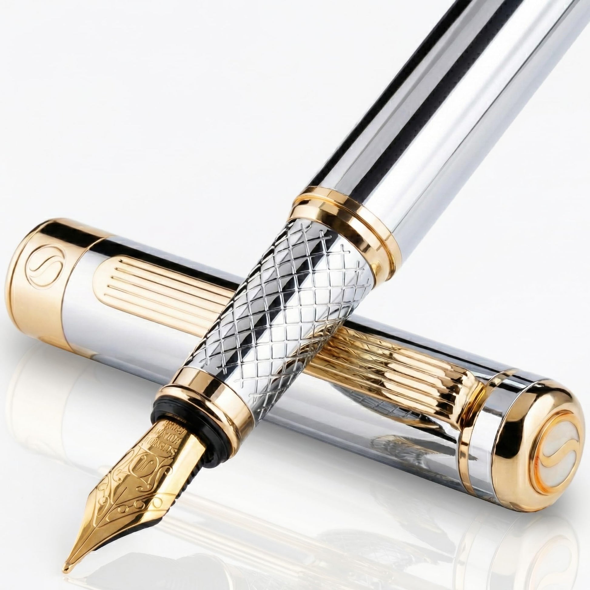 Scriveiner Silver Chrome Fountain Pen - Stunning Luxury Pen, Real Gold Finish, Schmidt Gilded Nib