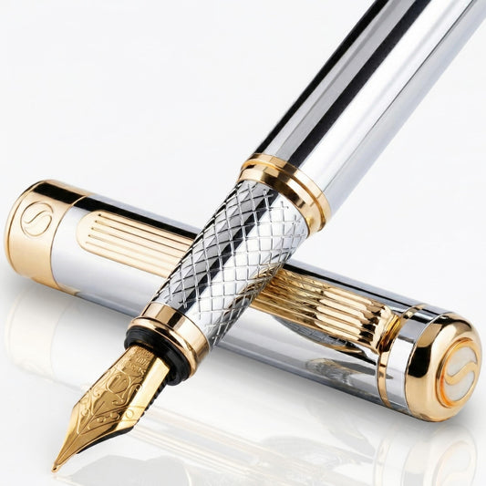Scriveiner Silver Chrome Fountain Pen - Stunning Luxury Pen, Real Gold Finish, Schmidt Gilded Nib