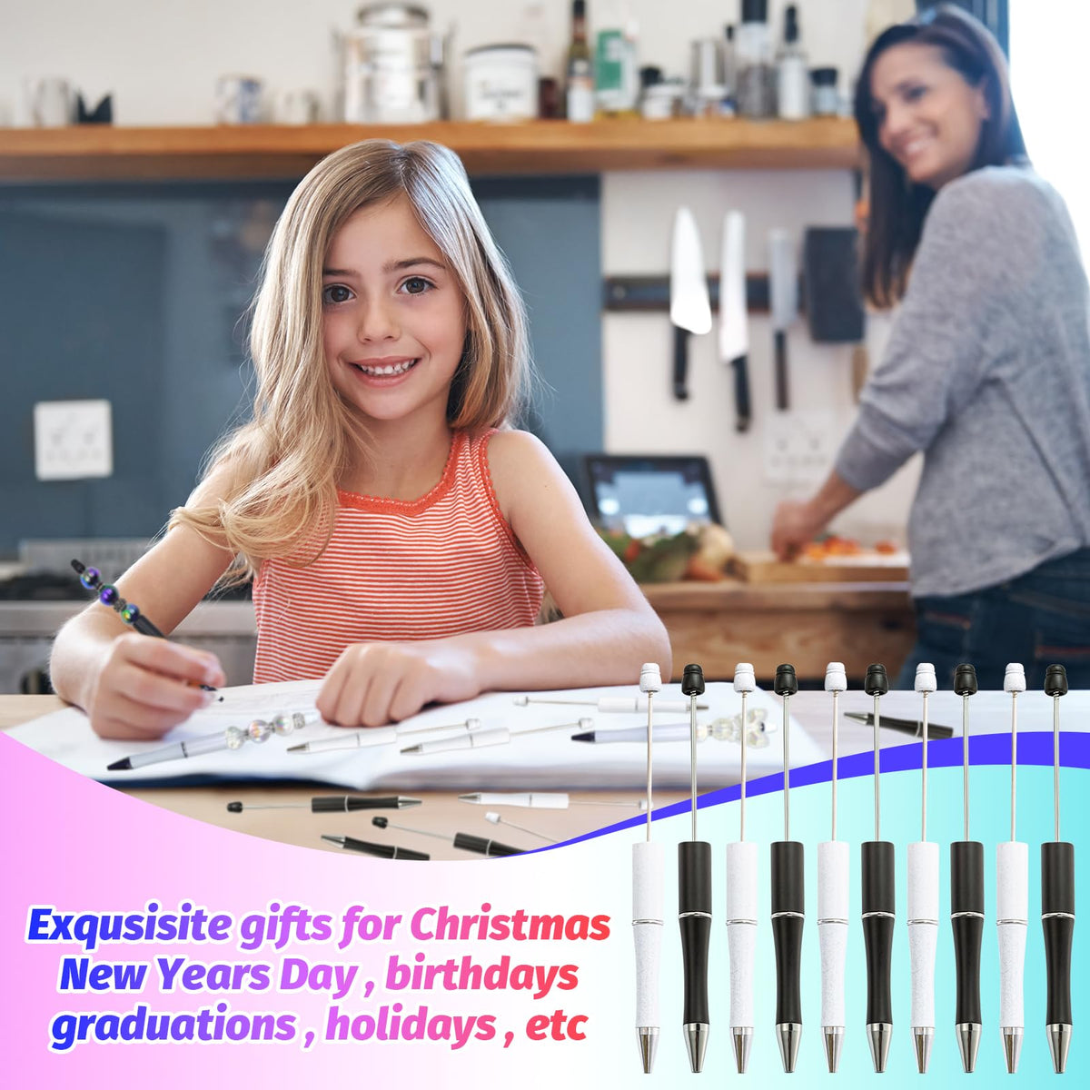 DASTTUIS 150 Pieces DIY Beadable Pen Kit – 50 Plastic Ballpoint Pens with Refills & Bags – School