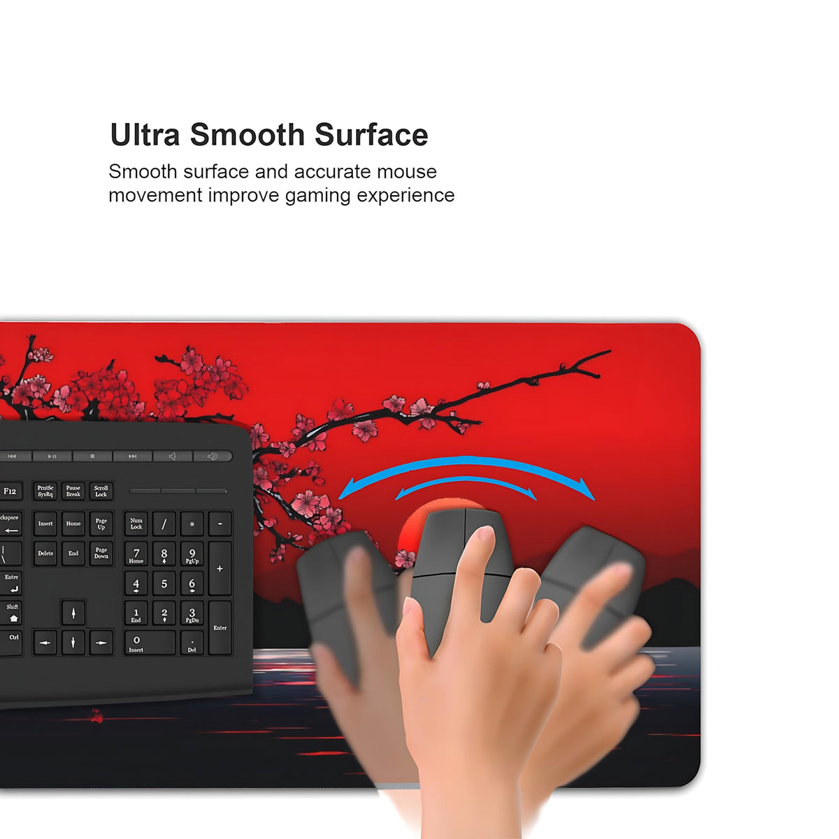 Aesthetic Cherry Blossom Gaming Mouse Pad, Black Red Japanese Desk Mat with Anti-Slip Base &
