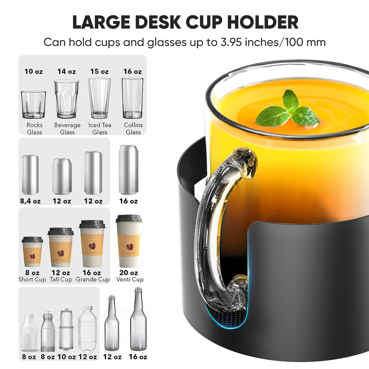 OOKUU Anti-Spill Large Desk Cup Holder Clamp, Metal Table Cup Holder(Black)