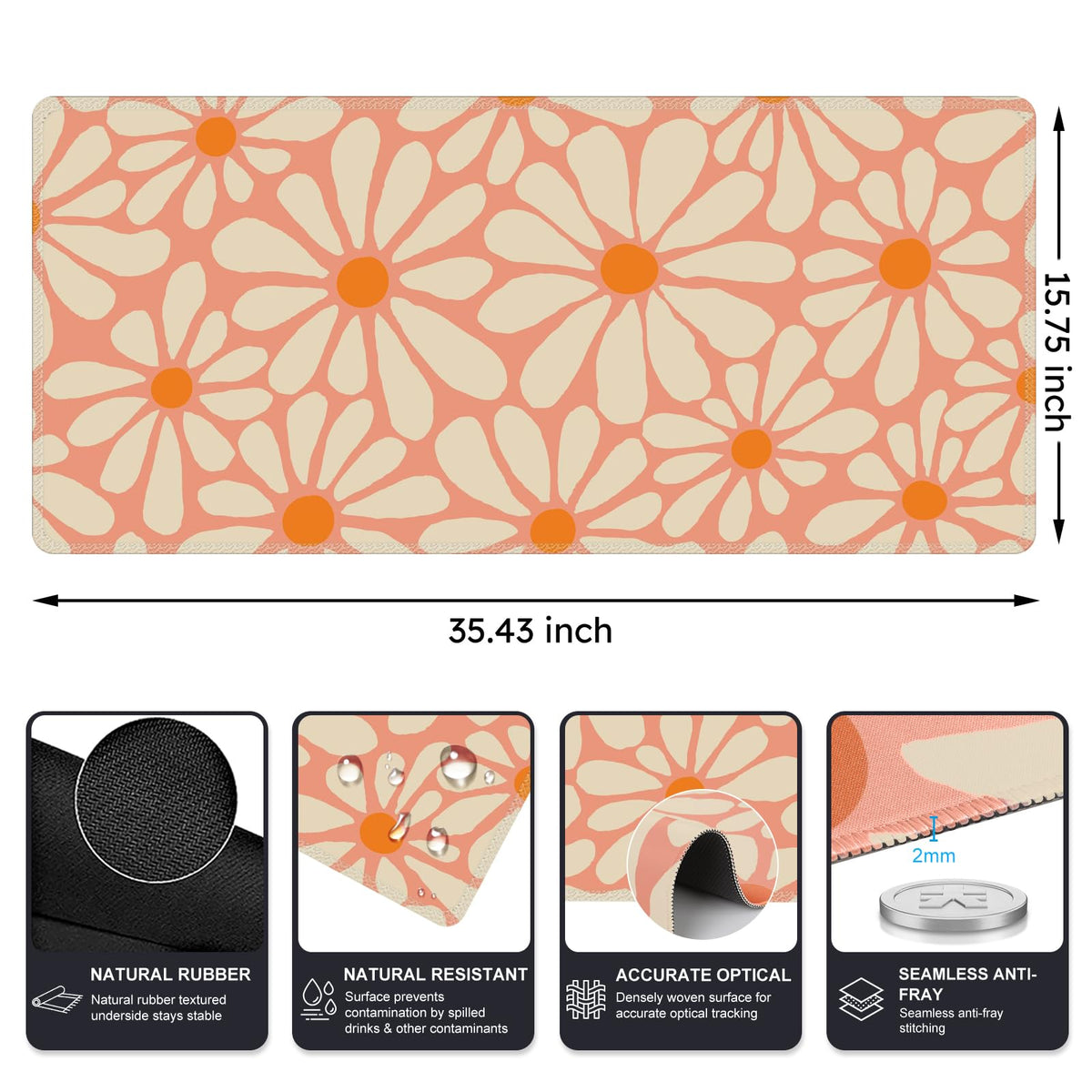iCasso Desk Mat,Desk Matt for Desktop,Cute Desk Pad Mat, Orange Floral