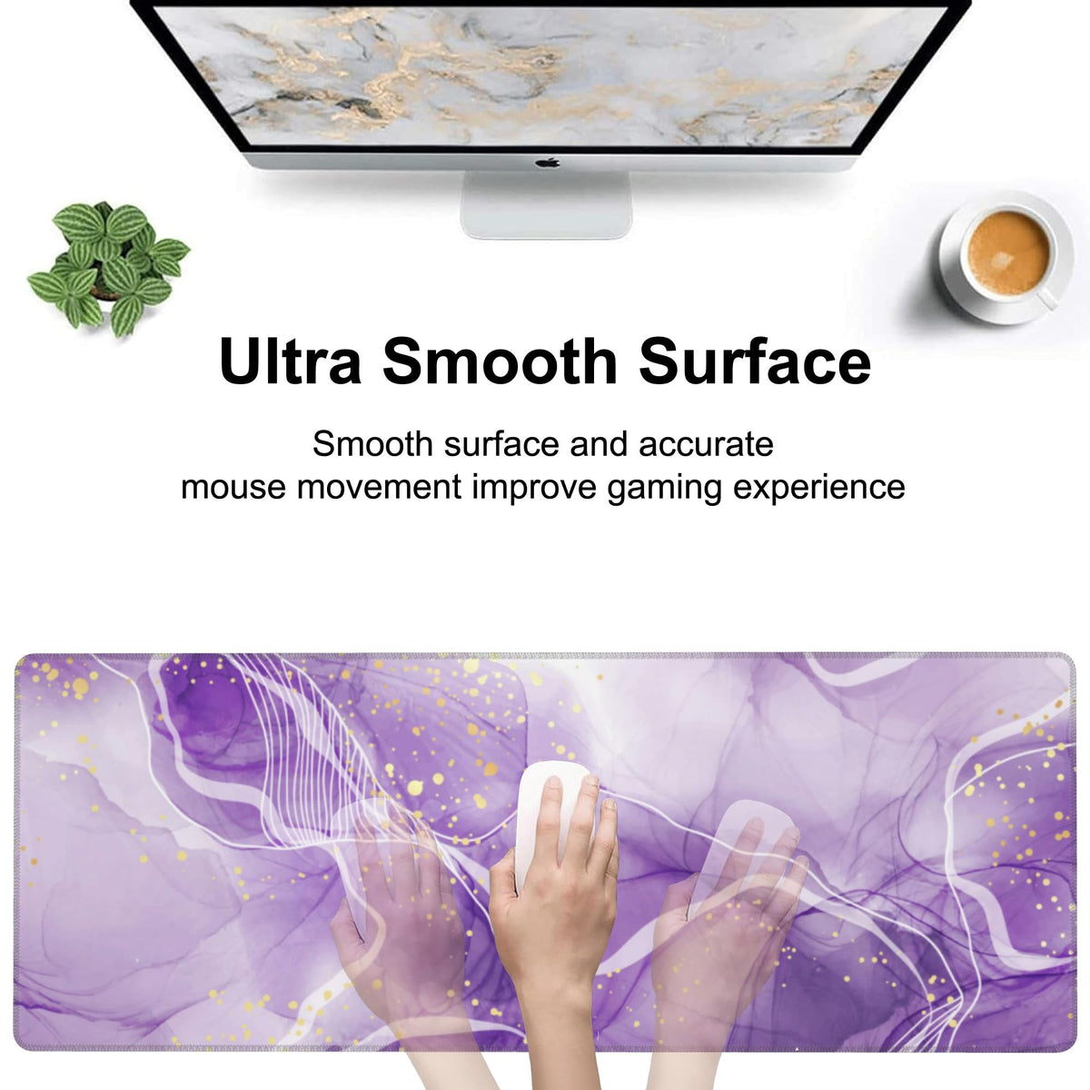 Watercolor Purple Marble Desk Mat,Large Violet Marble Texture Gaming Keyboard Mouse Pad,Non-Slip