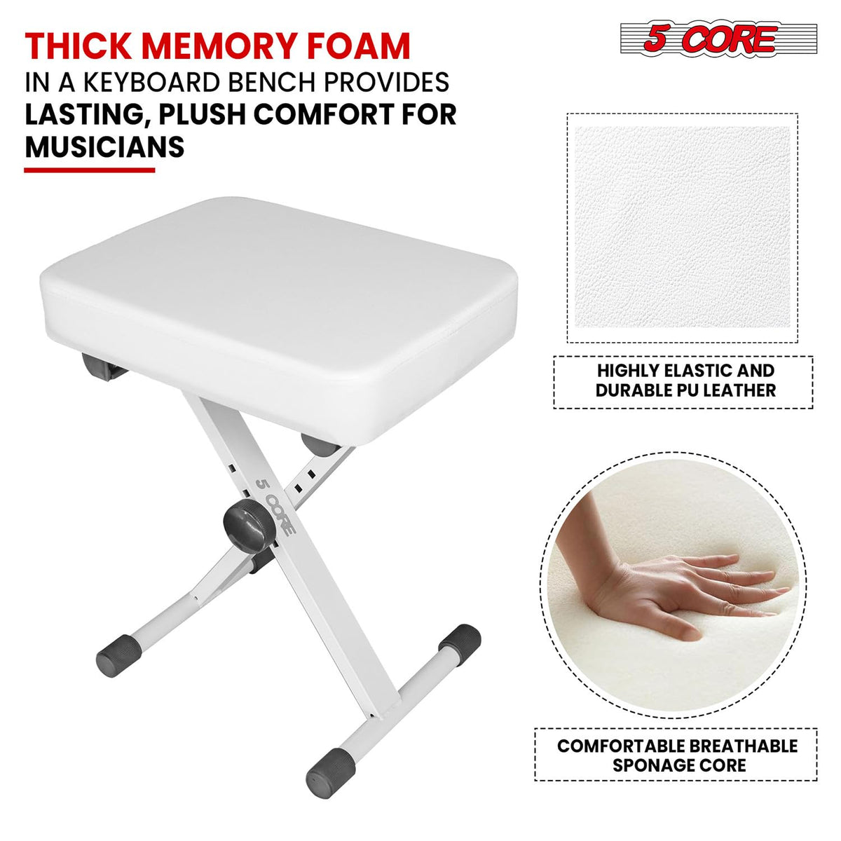 5 CORE Piano Bench X-Style Foldable 3" Padded Keyboard Seat Adjustable Height for Keyboards Synths