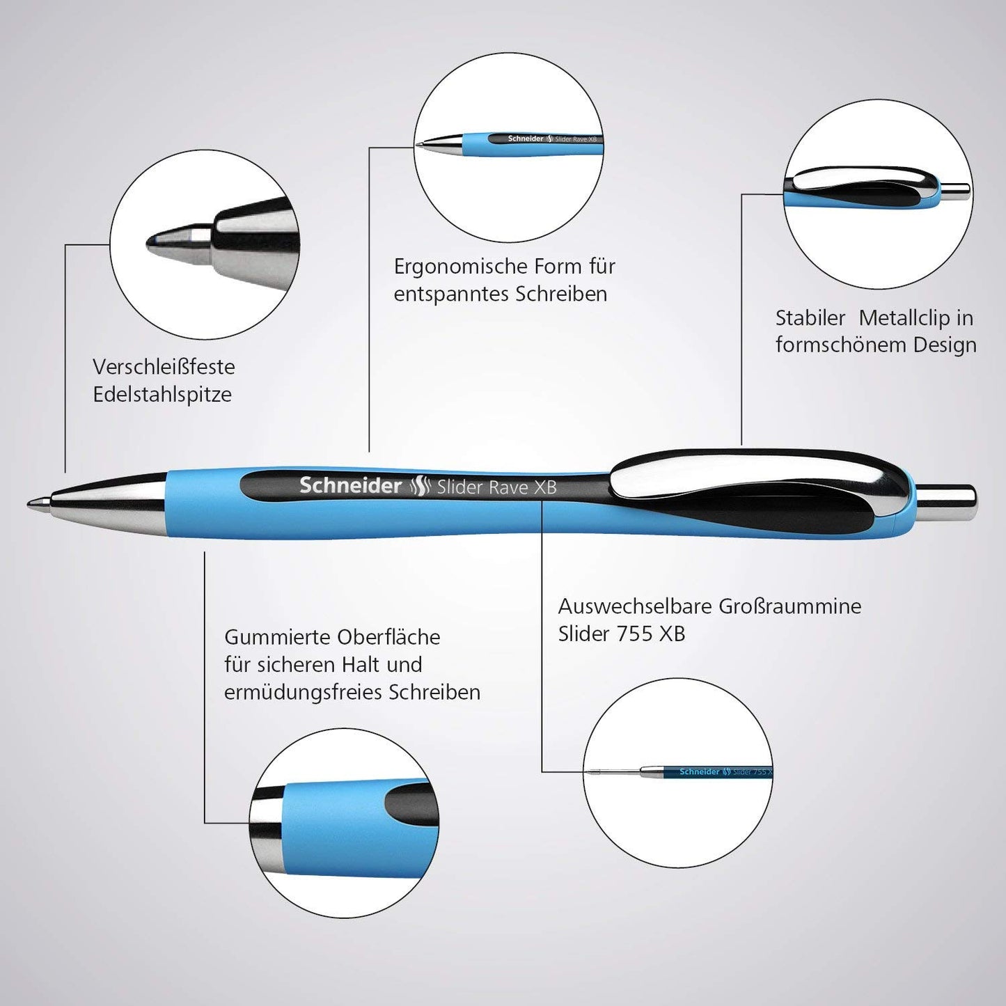 Schneider 150275 Slider Memo XB and Slider Rave XB Ballpoint Pen (with Case, Ink Colour: Blue), 4+1