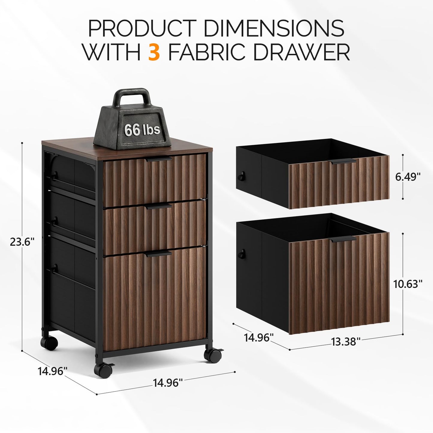 Bonnlo 3 Drawer Fluted File Cabinet, Rolling File Cabinet Mobile Under Desk File Cabinet with
