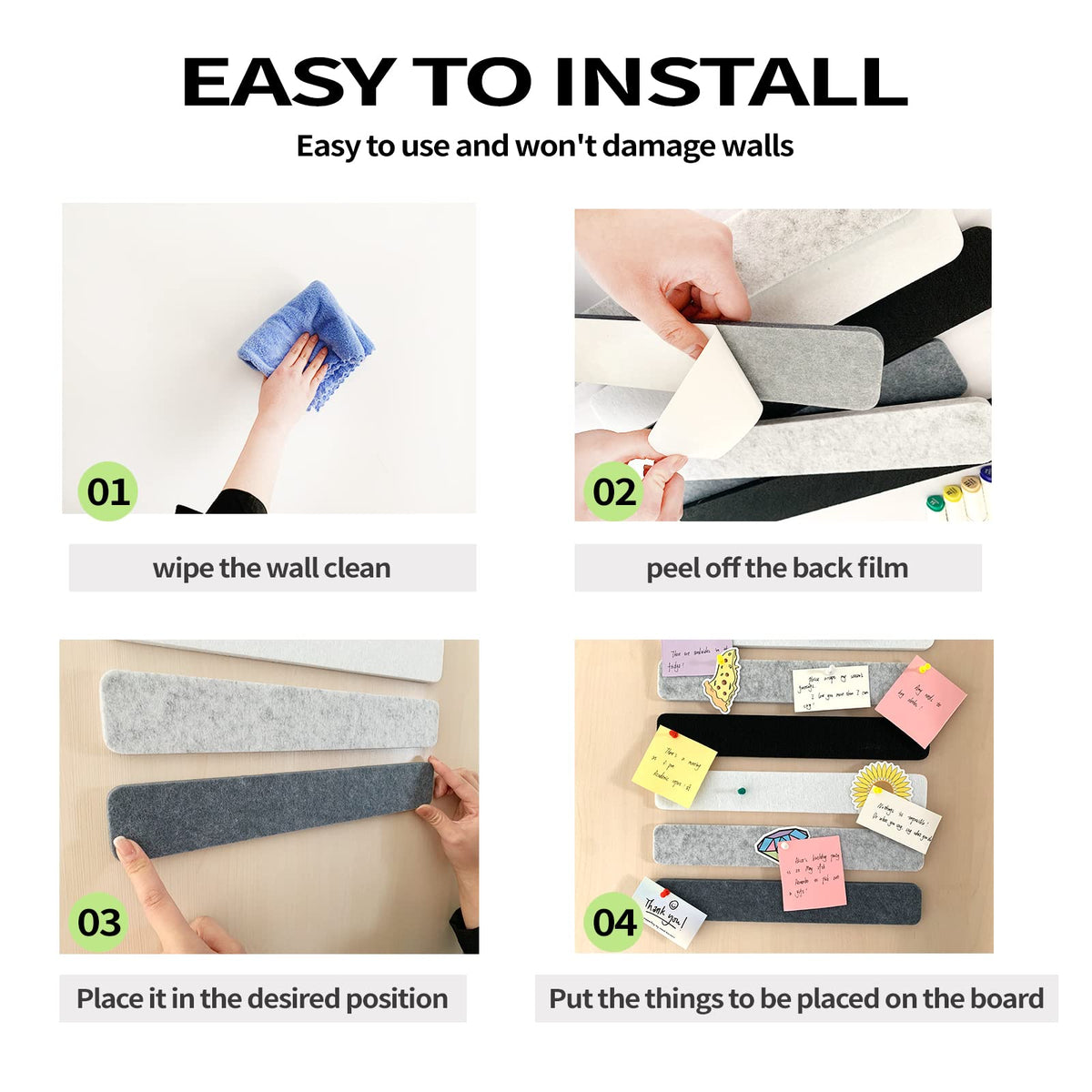 8 Pcs Black White Grey Felt Pin Board Bar Strips Bulletin Board ，Self-Adhesive Bulletin Board Bar