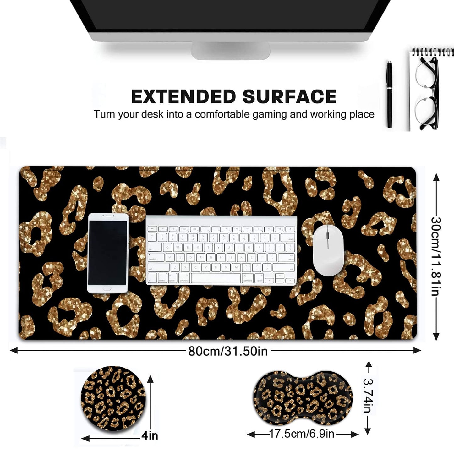 Large Gaming Mouse Pad, 31.5x11.8 in Extended Computer Mouse Mat with Non-Slip PU Base, Ergonomic