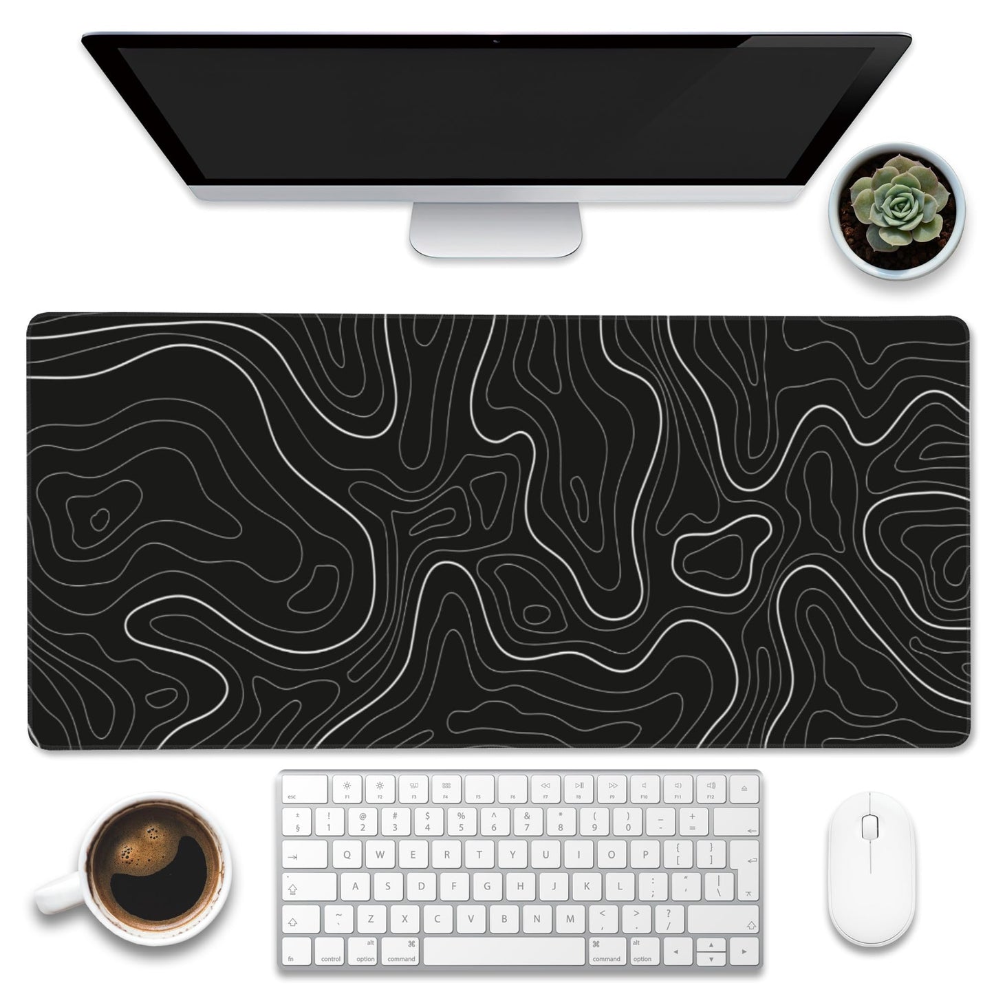 Eflxamz Desk Mat,Black Topographic Contour Map Desk Pad,Topographic Contour Large Gaming Mouse Pad