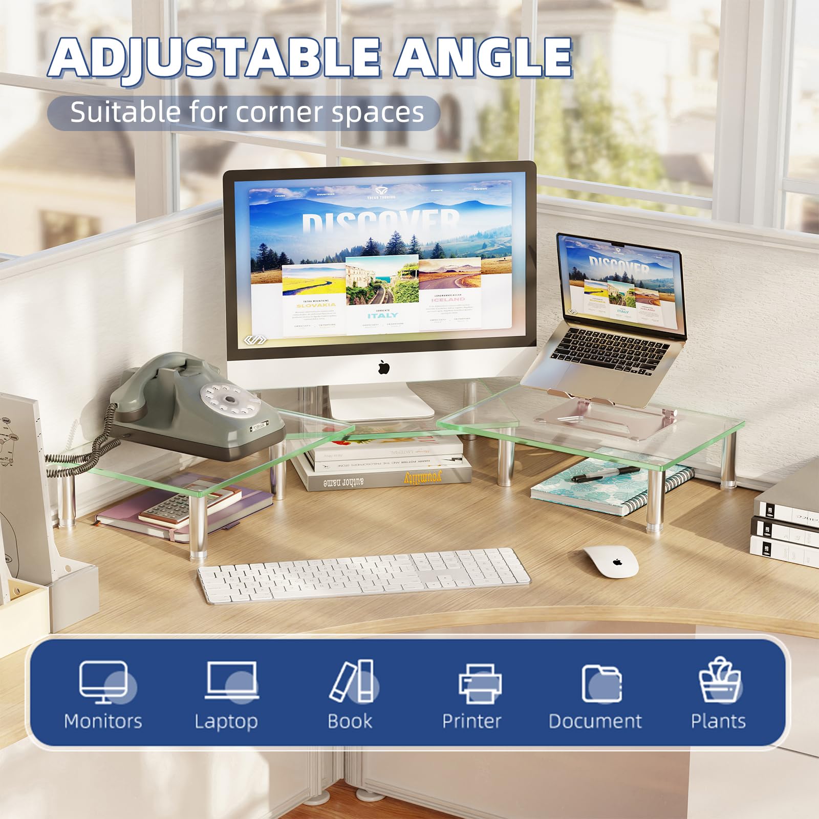 Simple Trending Glass Dual Monitor Stand, Adjustable Length/Height, Clear