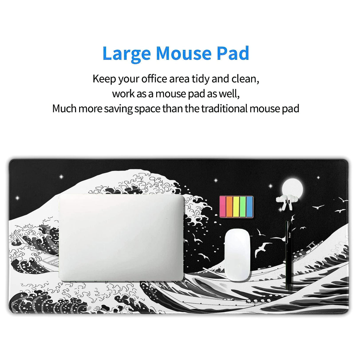Japanese Wave Mouse Pad XXL Black White Sea Aesthetic Moon Extended Desk Mat 90X40 CM Non-Slip