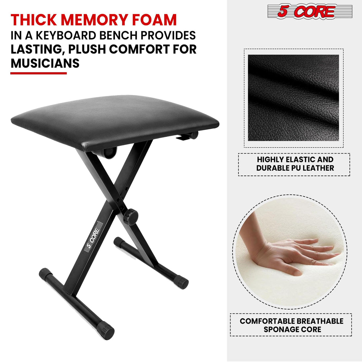5 CORE Keyboard Bench X Style Padded Cushion Height Adjustable Piano Stool Seat Portable Keyboard