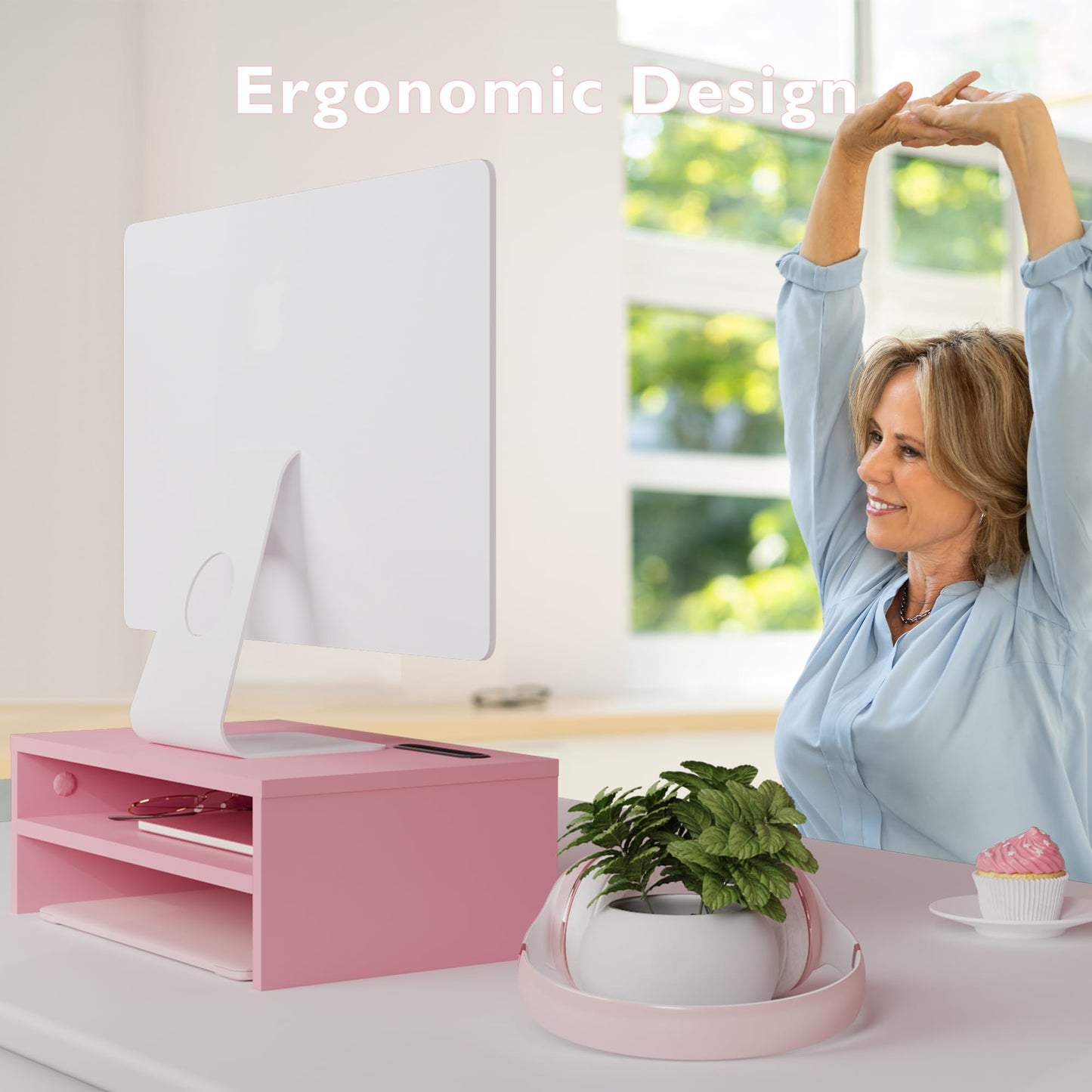 BONTEC Wooden Monitor Stand Riser for Desk, 2-Tier Computer Monitor Stand