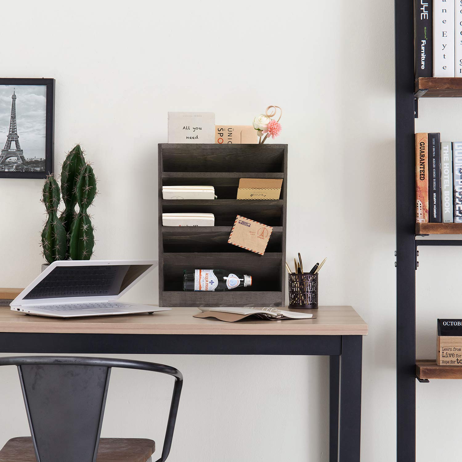 Vintage Rustic Wooden 5 Slot Office Desk or Distressed Torched Wood Wall Mounted Hanging Document