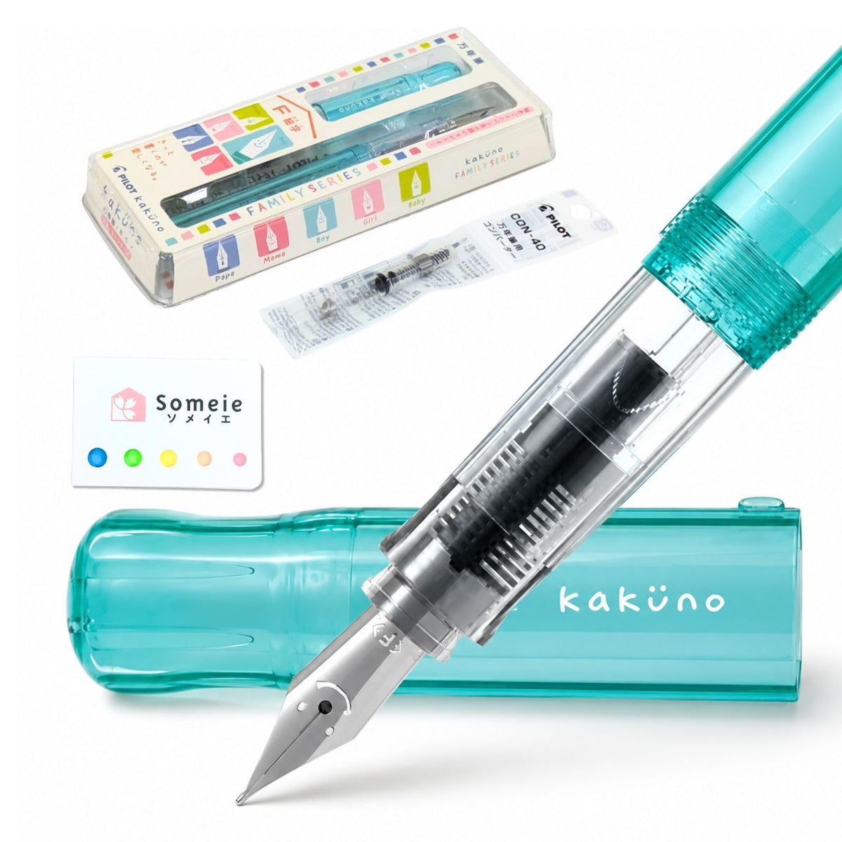 Someie Fountain Pen Set CON-40 Converter & Kakuno Fine Nib with Black Ink Cartridge & Sticky Notes