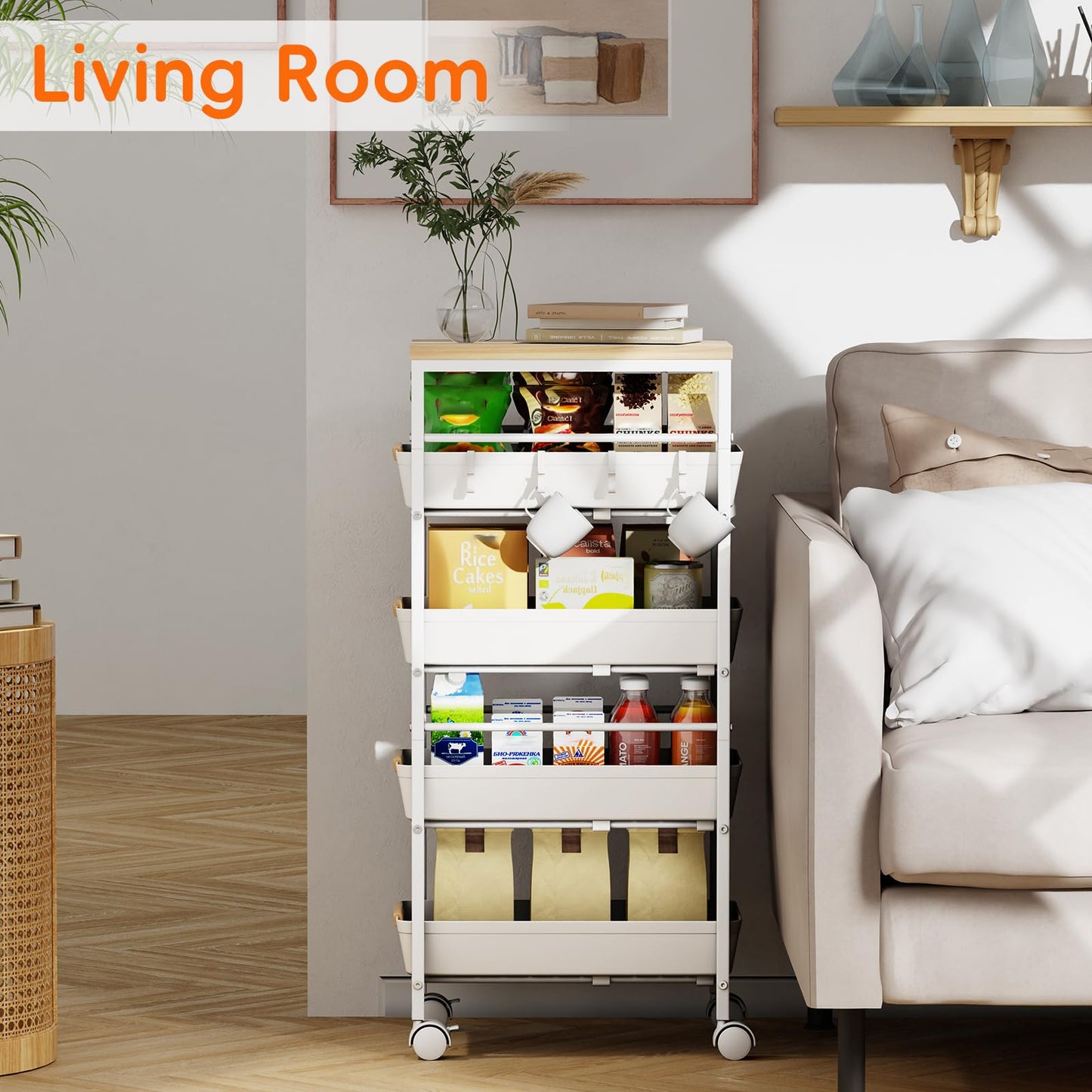 Landmok 5-Tier Kitchen Storage Cart, Wood Top Rolling Cart Organizer with Pull-Out Baskets &